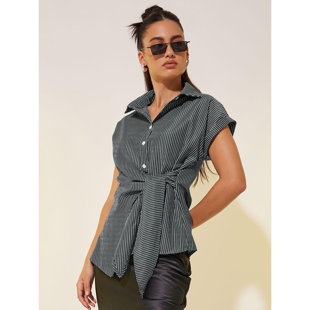 Styli Striped Collared Short Sleeve Wrap Top-women-clothing-shirtsandblouses-blouses-image-1