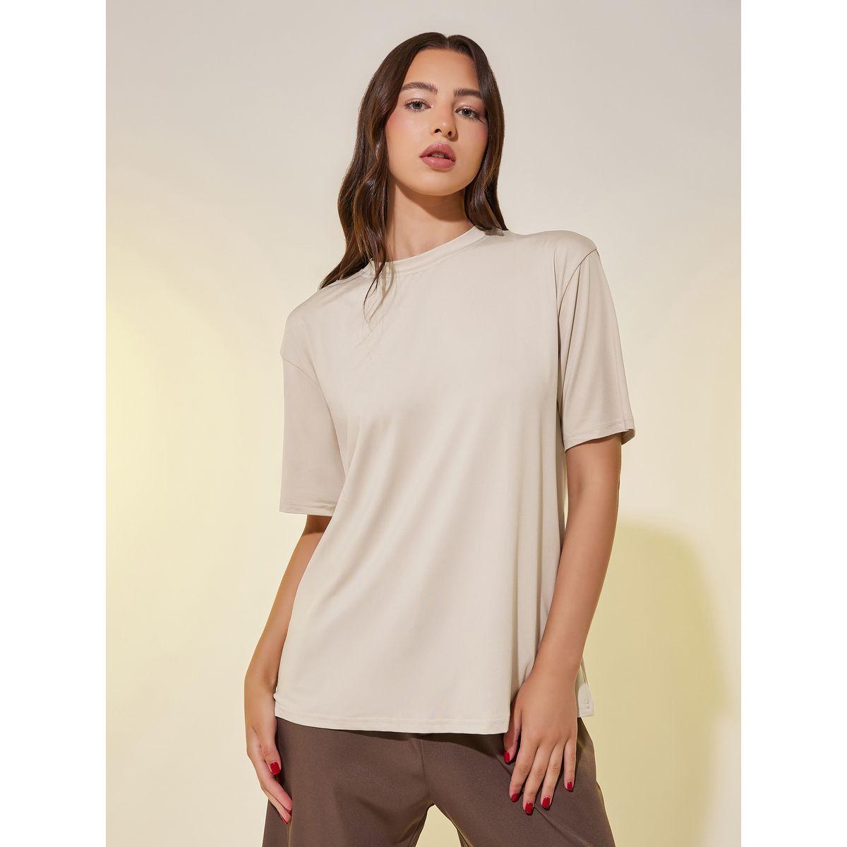 تيشيرت فضفاض بياقة دائرية وطبعة شعار-women-clothing-tshirts-image-2