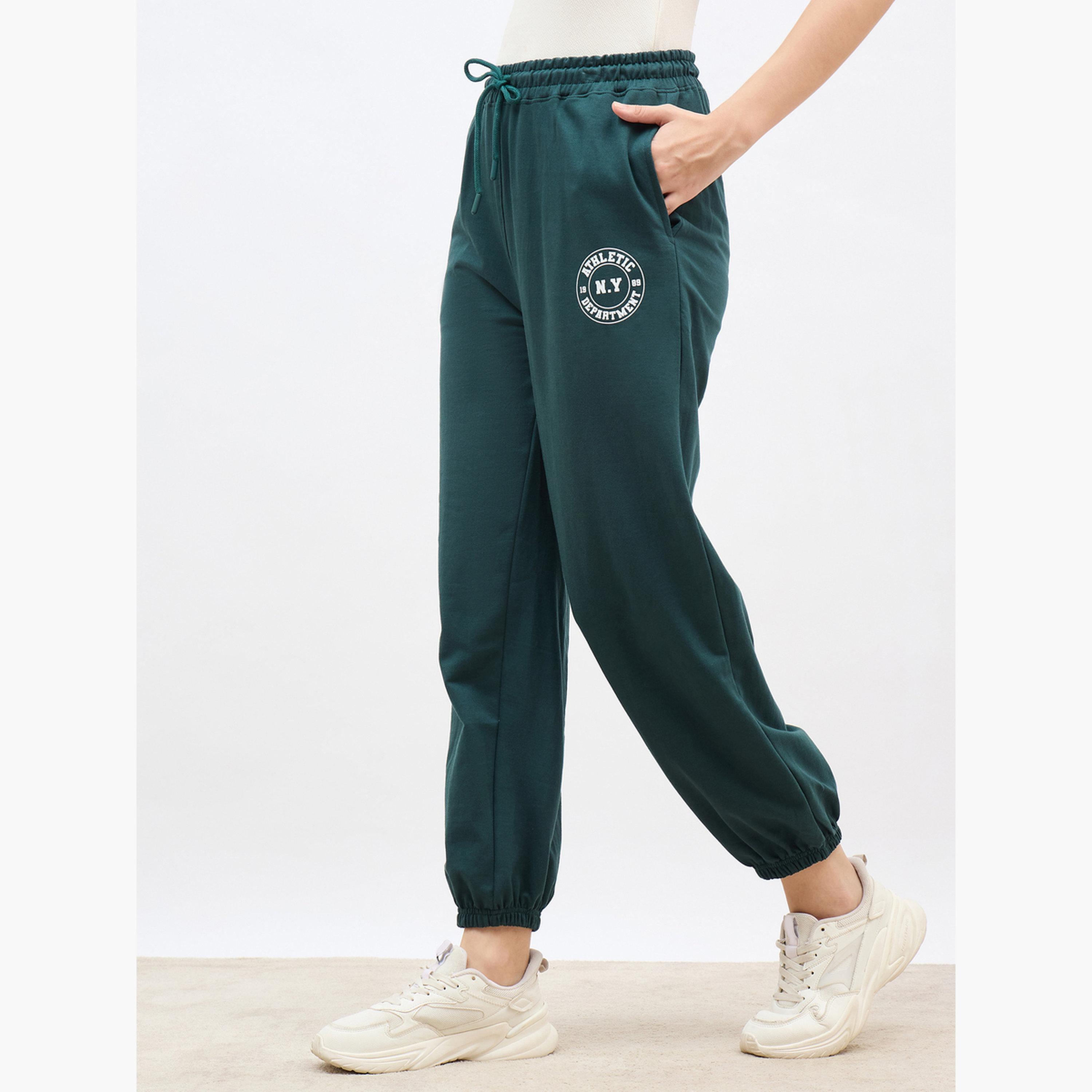 Styli Green Tapered Joggers with NY Athletic Department 1989 Print-women-clothing-bottoms-joggers-image-3