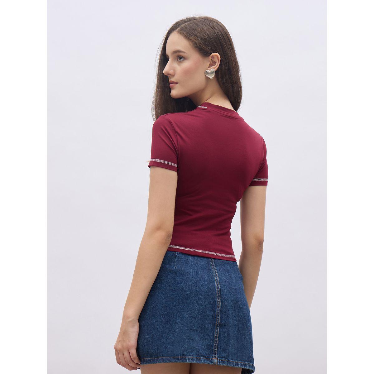 Styli Burgundy Slogan Print T-Shirt with Overlock Seam-women-clothing-tshirts-image-5