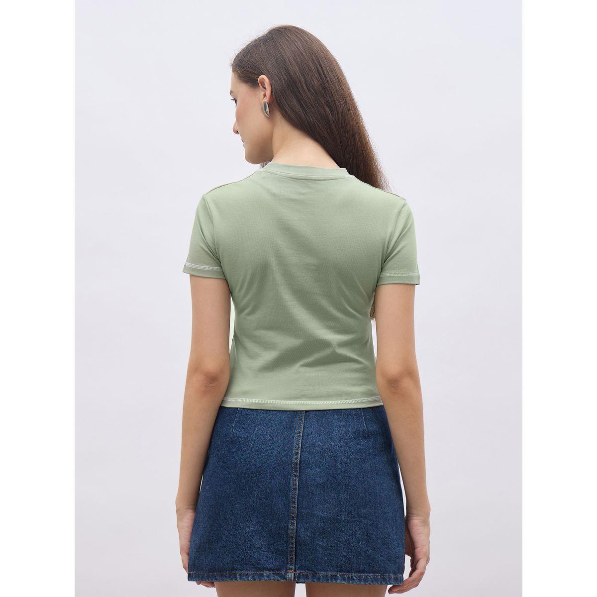 Styli Green Slogan Print T-Shirt with Overlock Seam-women-clothing-tshirts-image-5