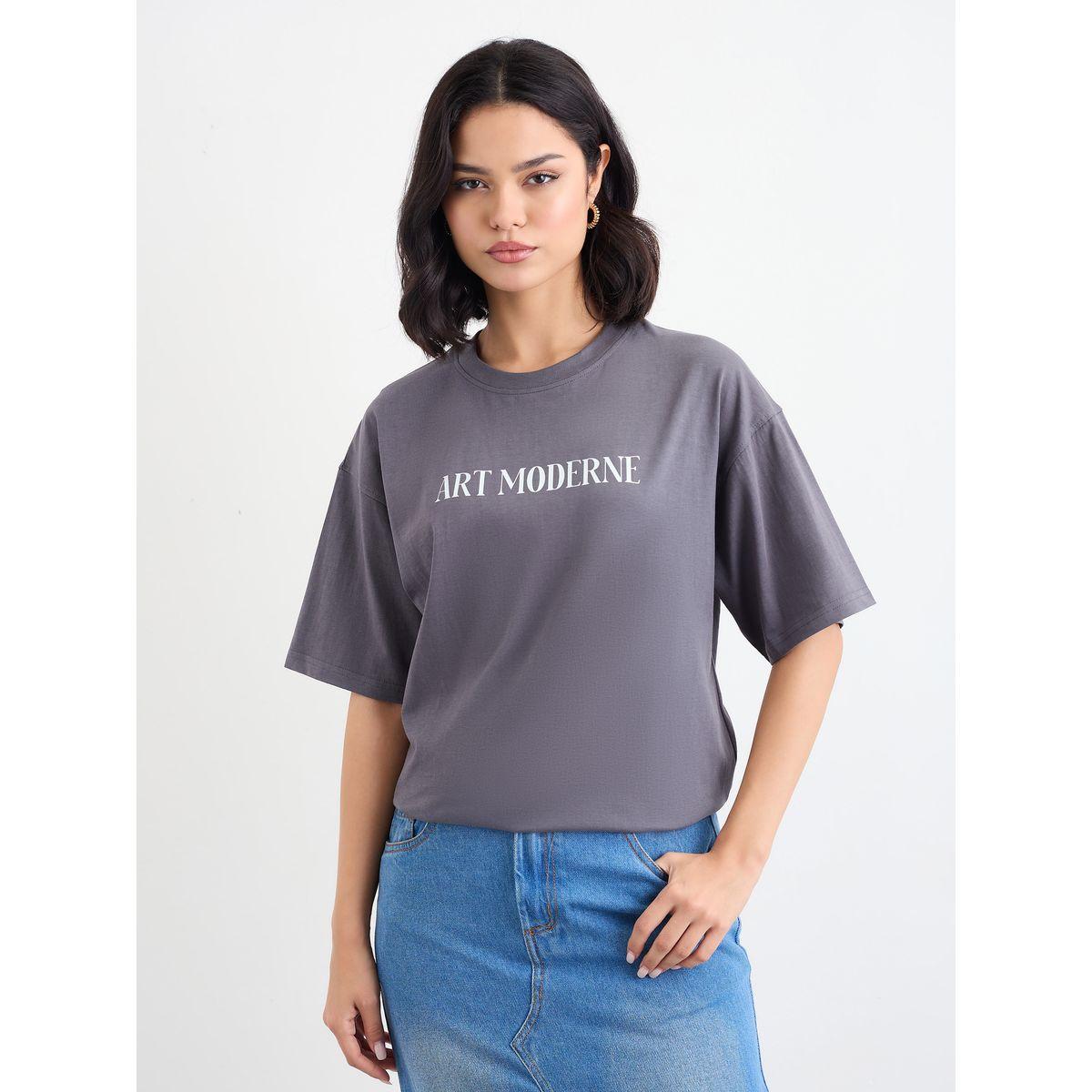 Styli Women Charcoal Graphic Print Oversized T-Shirt-women-clothing-tshirts-image-2