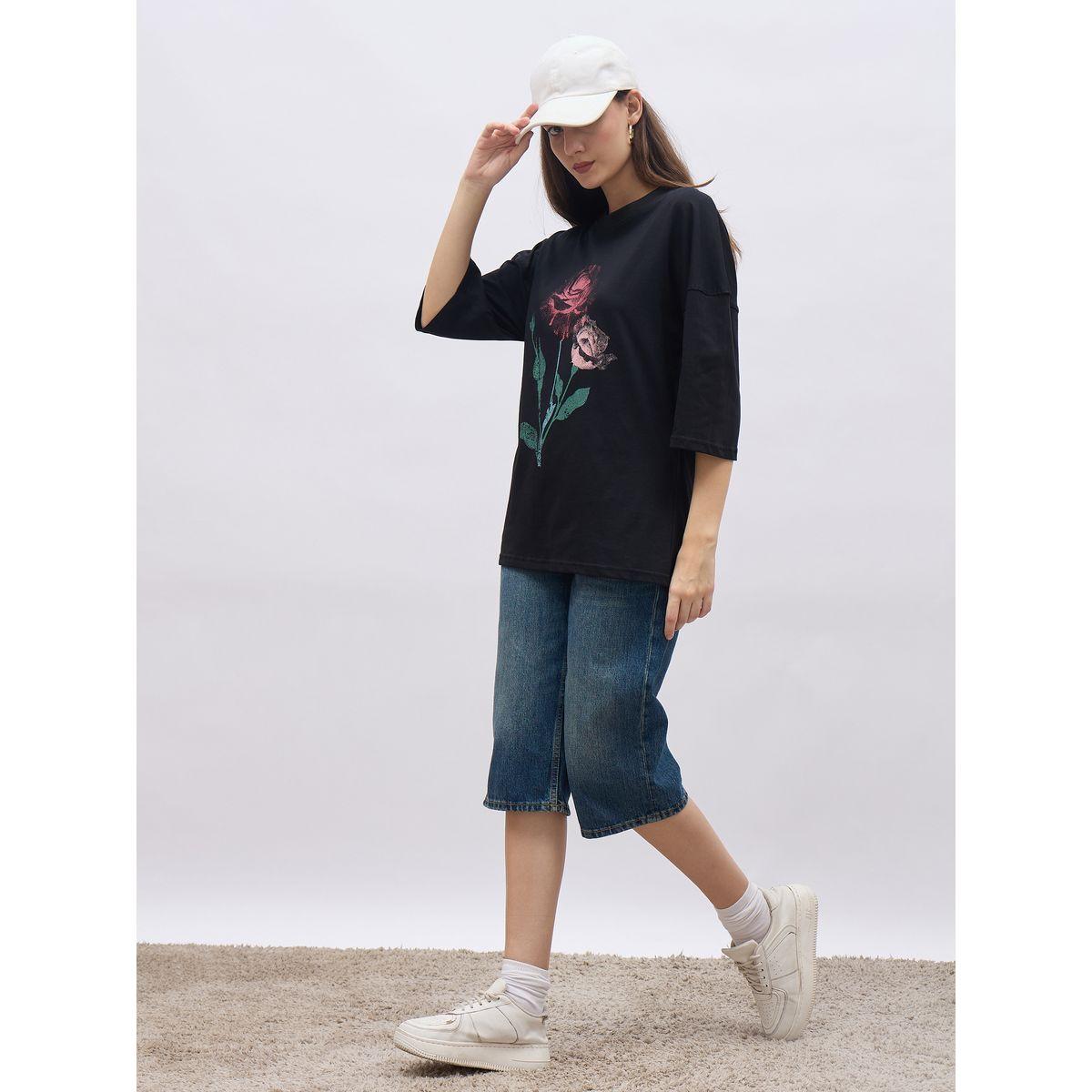 Styli Black Graphic Print Oversized T-Shirt-women-clothing-tshirts-image-1