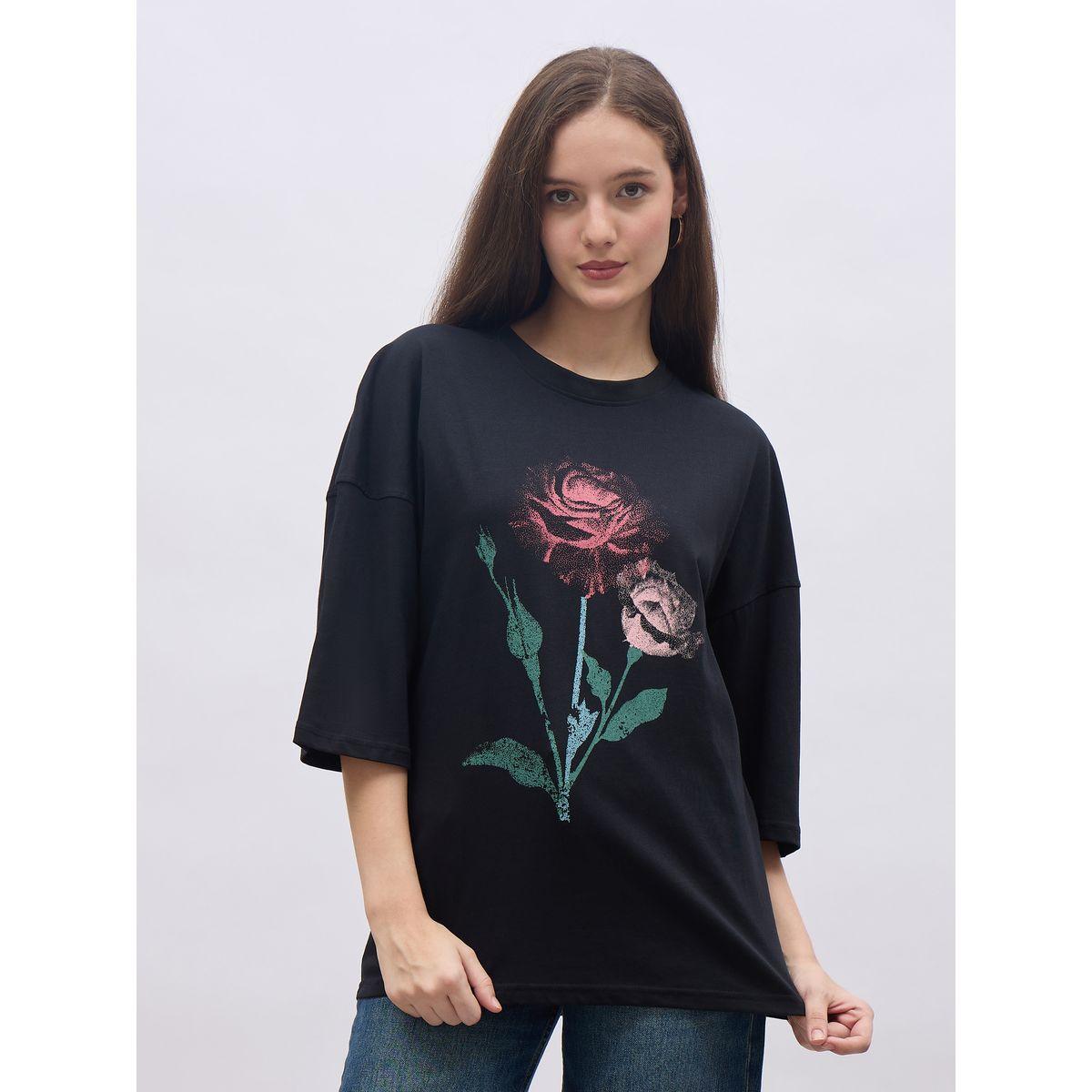 Styli Black Graphic Print Oversized T-Shirt-women-clothing-tshirts-image-2