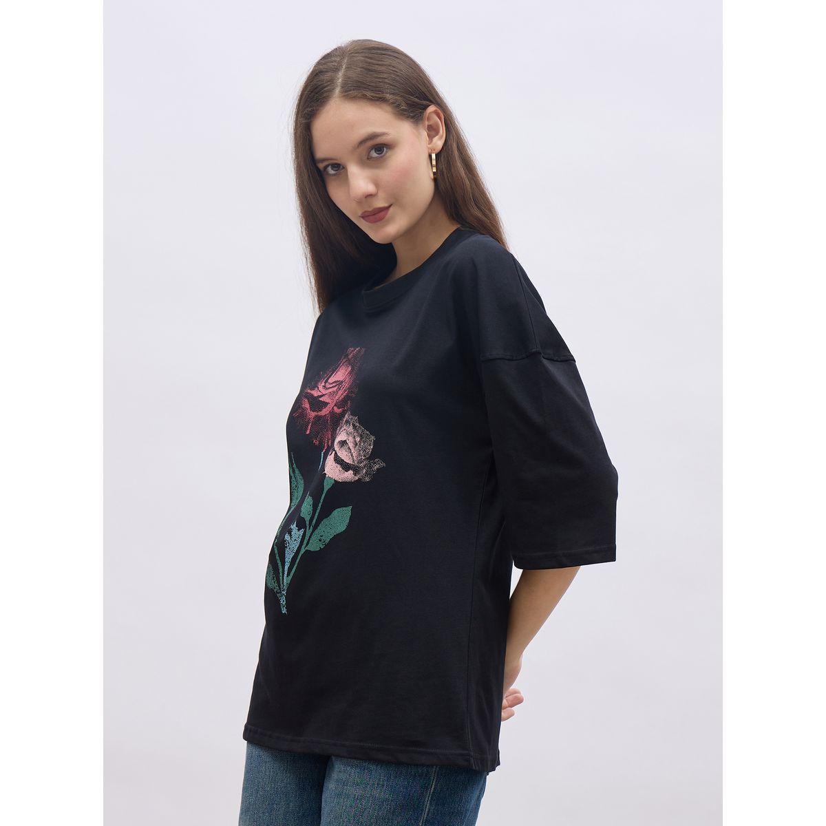 Styli Black Graphic Print Oversized T-Shirt-women-clothing-tshirts-image-3