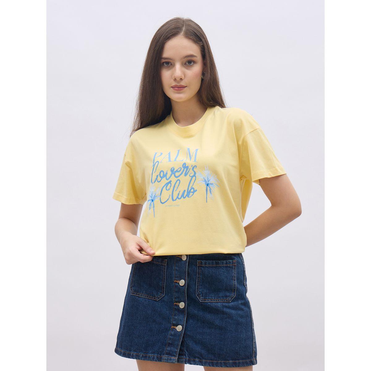 Styli Yellow Palm Club Graphic Regular Fit T-Shirt-women-clothing-tshirts-image-2