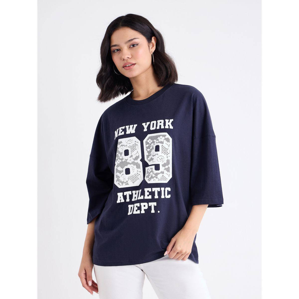 Styli Women Navy Graphic Oversized T-Shirt with Dropped Shoulder-women-clothing-tshirts-image-2