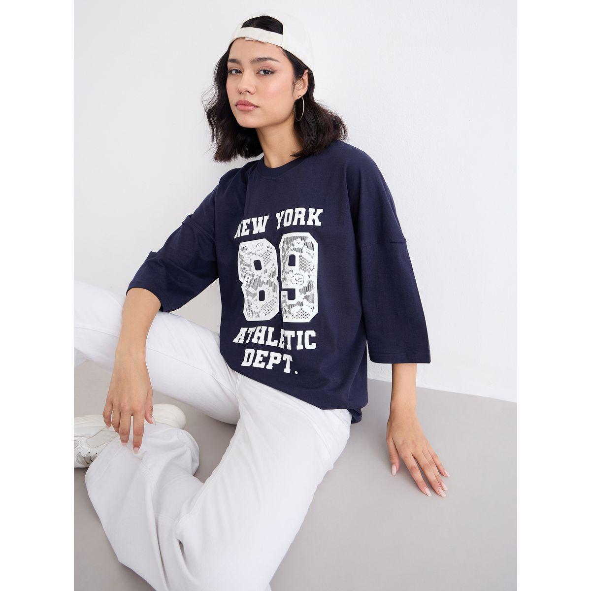 Styli Women Navy Graphic Oversized T-Shirt with Dropped Shoulder-women-clothing-tshirts-image-3