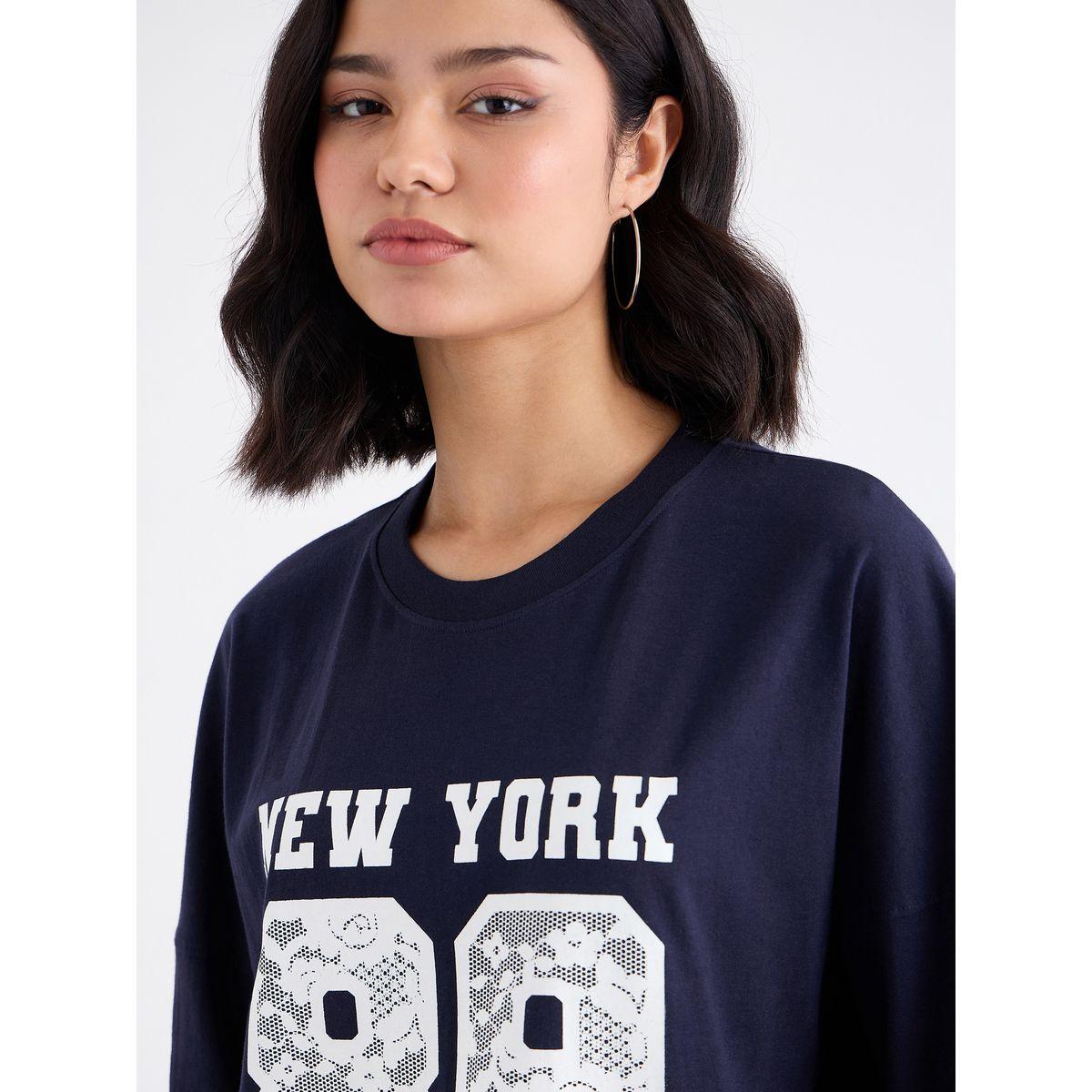 Styli Women Navy Graphic Oversized T-Shirt with Dropped Shoulder-women-clothing-tshirts-image-4