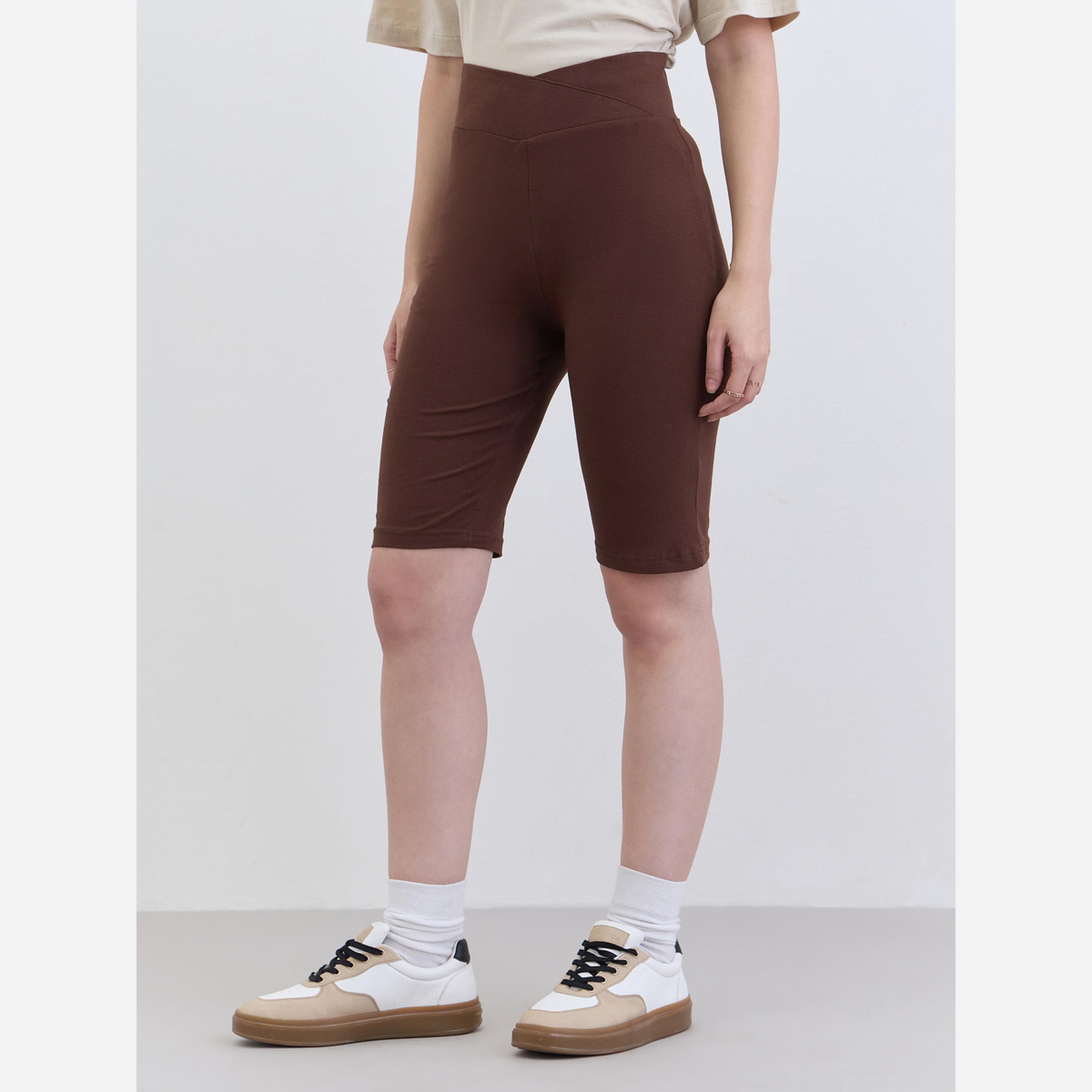 ستايلي - شورت رياضي نسائي لون بني بخصر متقاطع-women-clothing-bottoms-shorts-image-1