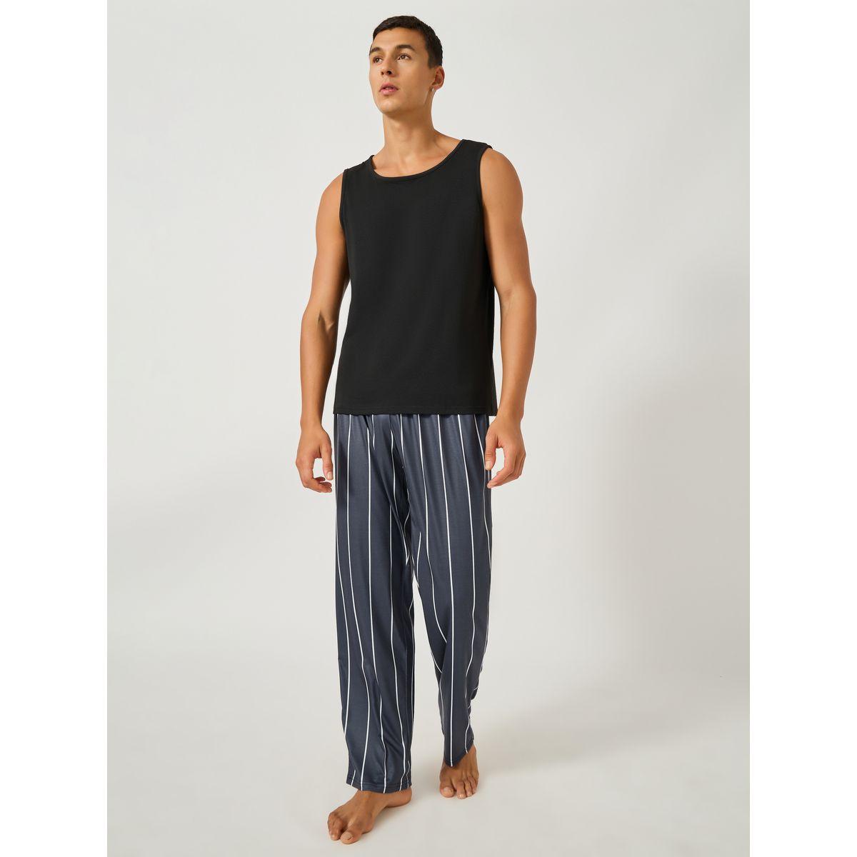 Styli Solid Tank T-Shirt and Striped Pyjama Set-men-clothing-nightwear-sets-image-1