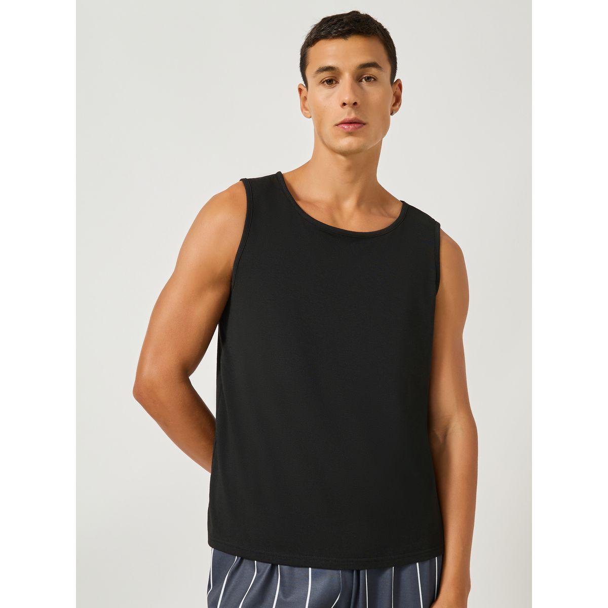 Styli Solid Tank T-Shirt and Striped Pyjama Set-men-clothing-nightwear-sets-image-2