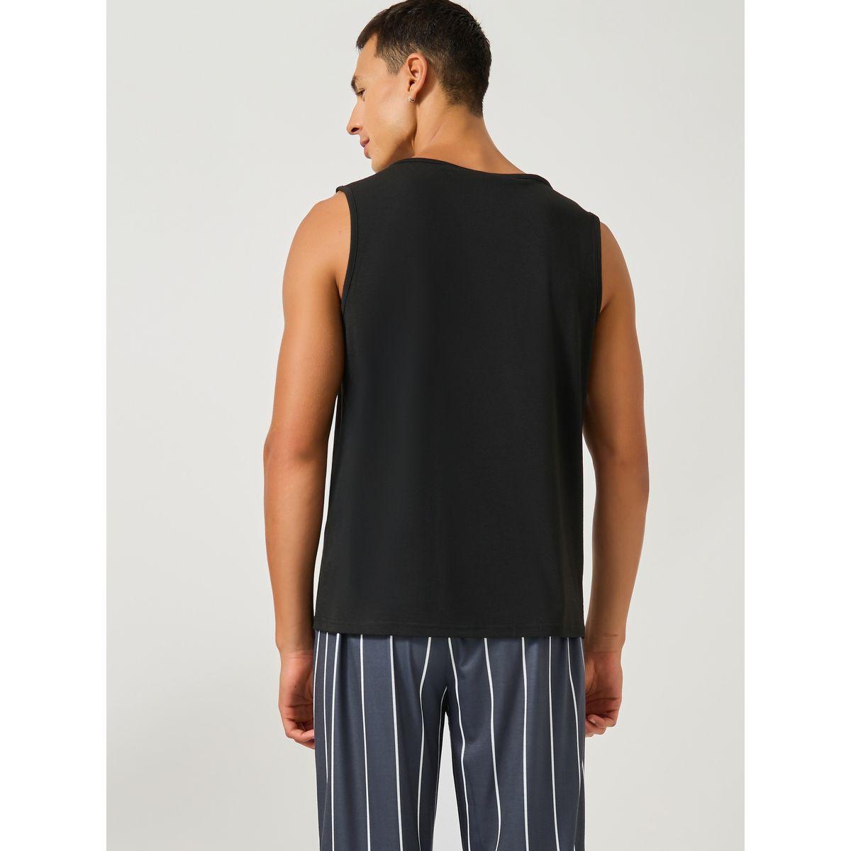 Styli Solid Tank T-Shirt and Striped Pyjama Set-men-clothing-nightwear-sets-image-5
