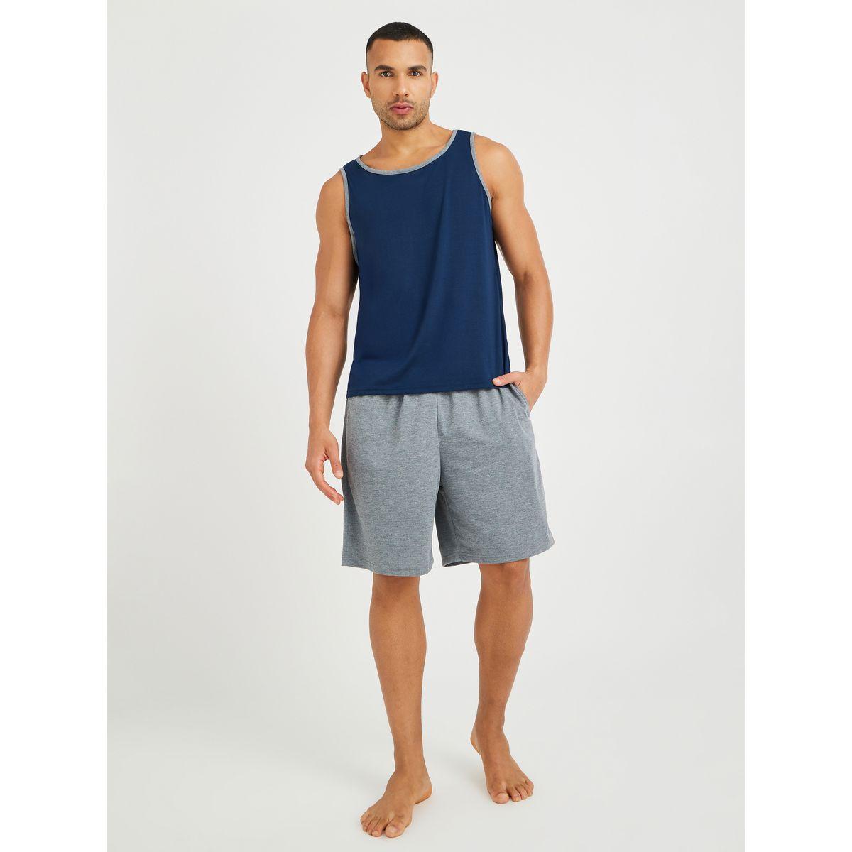 طقم من شورت وتيشيرت تانك سادة-men-clothing-nightwear-sets-image-1