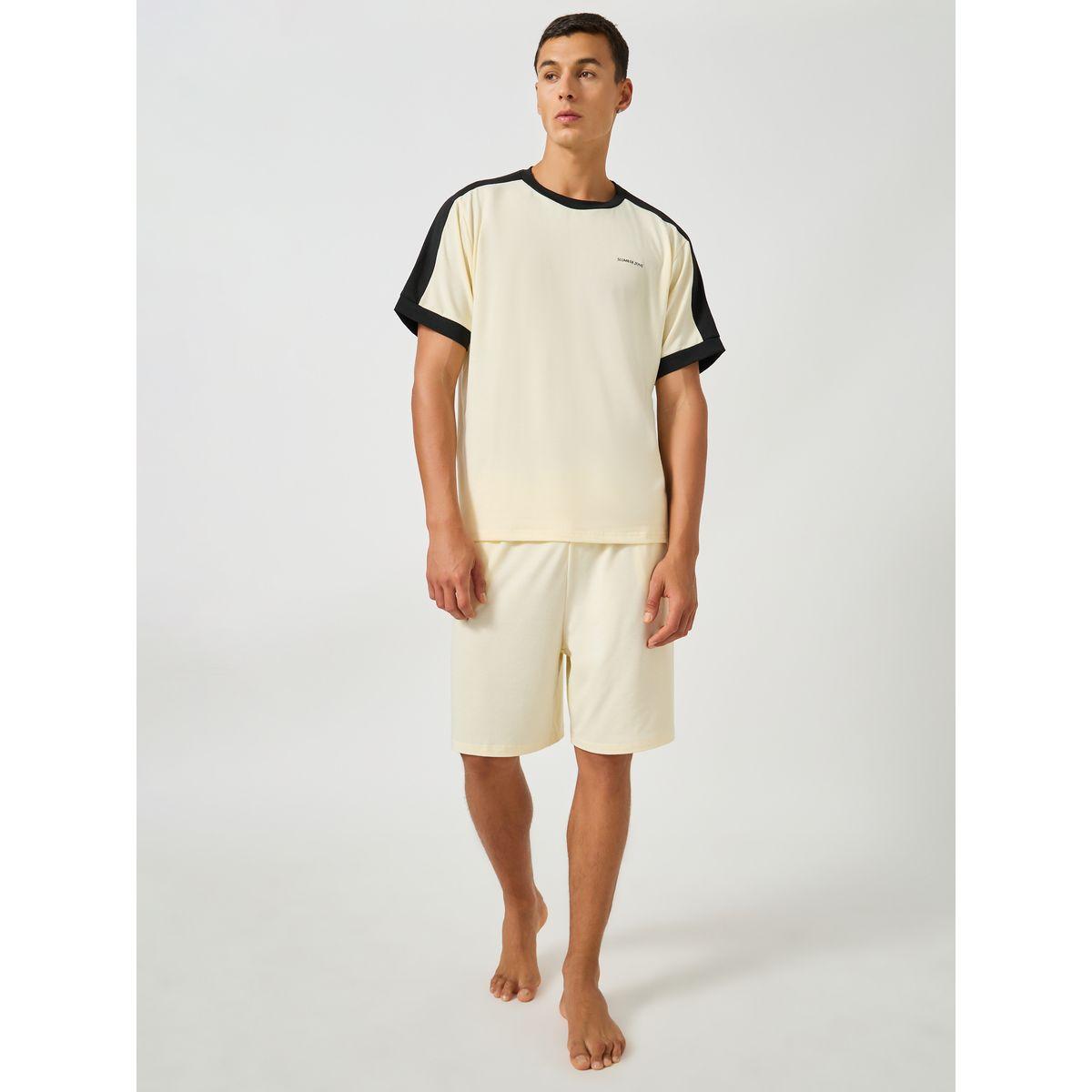 Styli Minimal Print Contrast Trim T-Shirt and Shorts Set-men-clothing-nightwear-sets-image-1