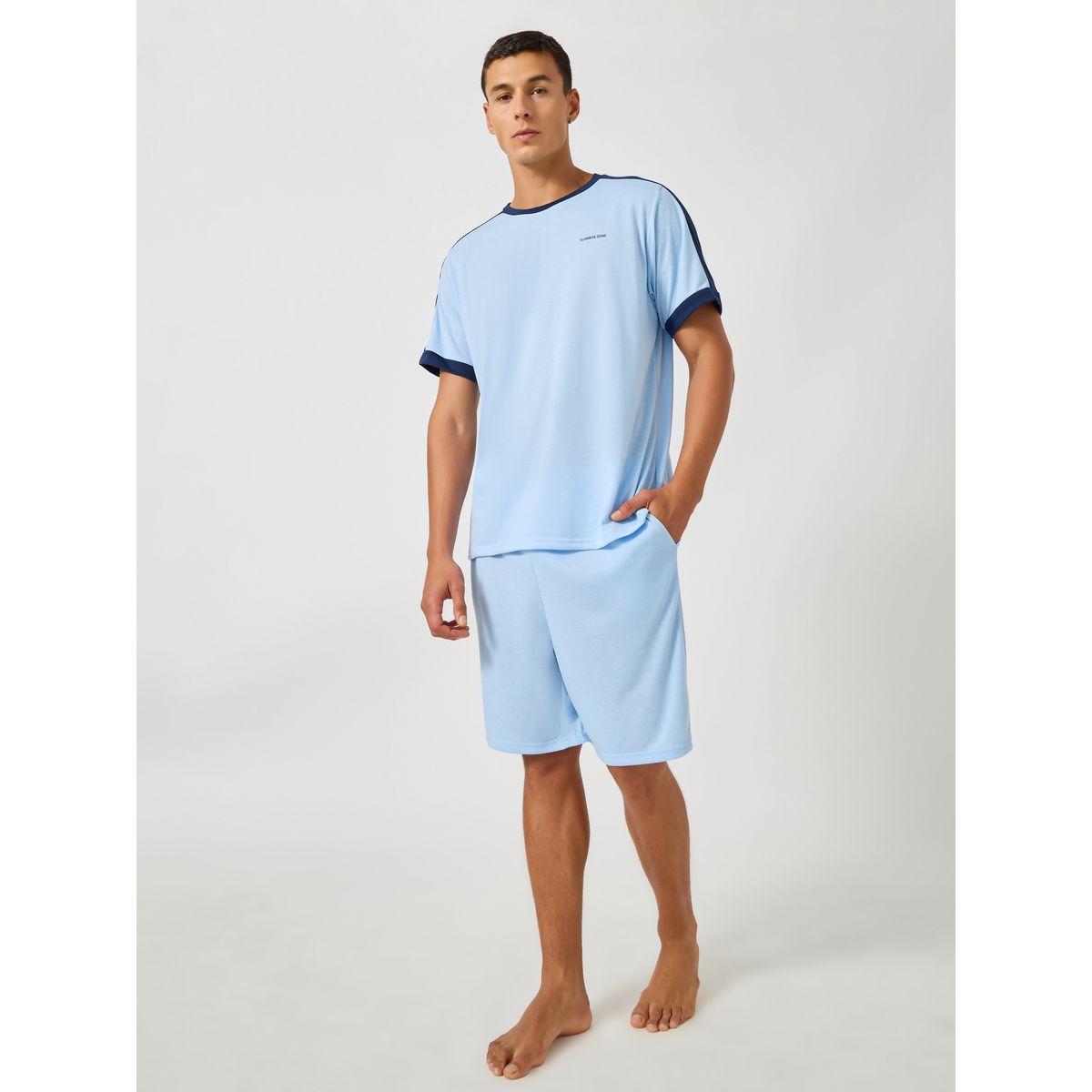 Styli Minimal Print Contrast Trim T-Shirt and Shorts Set-men-clothing-nightwear-sets-image-1