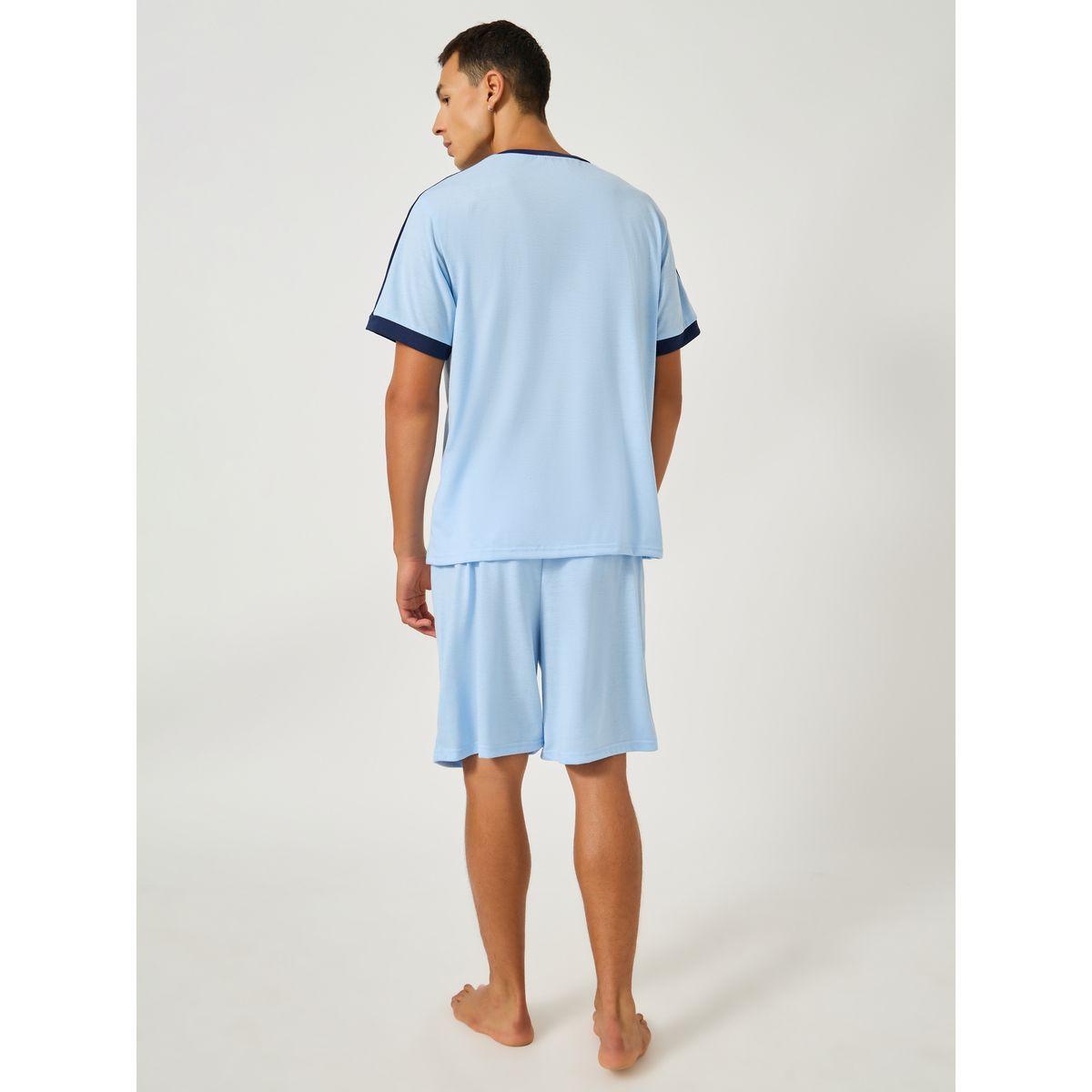 Styli Minimal Print Contrast Trim T-Shirt and Shorts Set-men-clothing-nightwear-sets-image-4