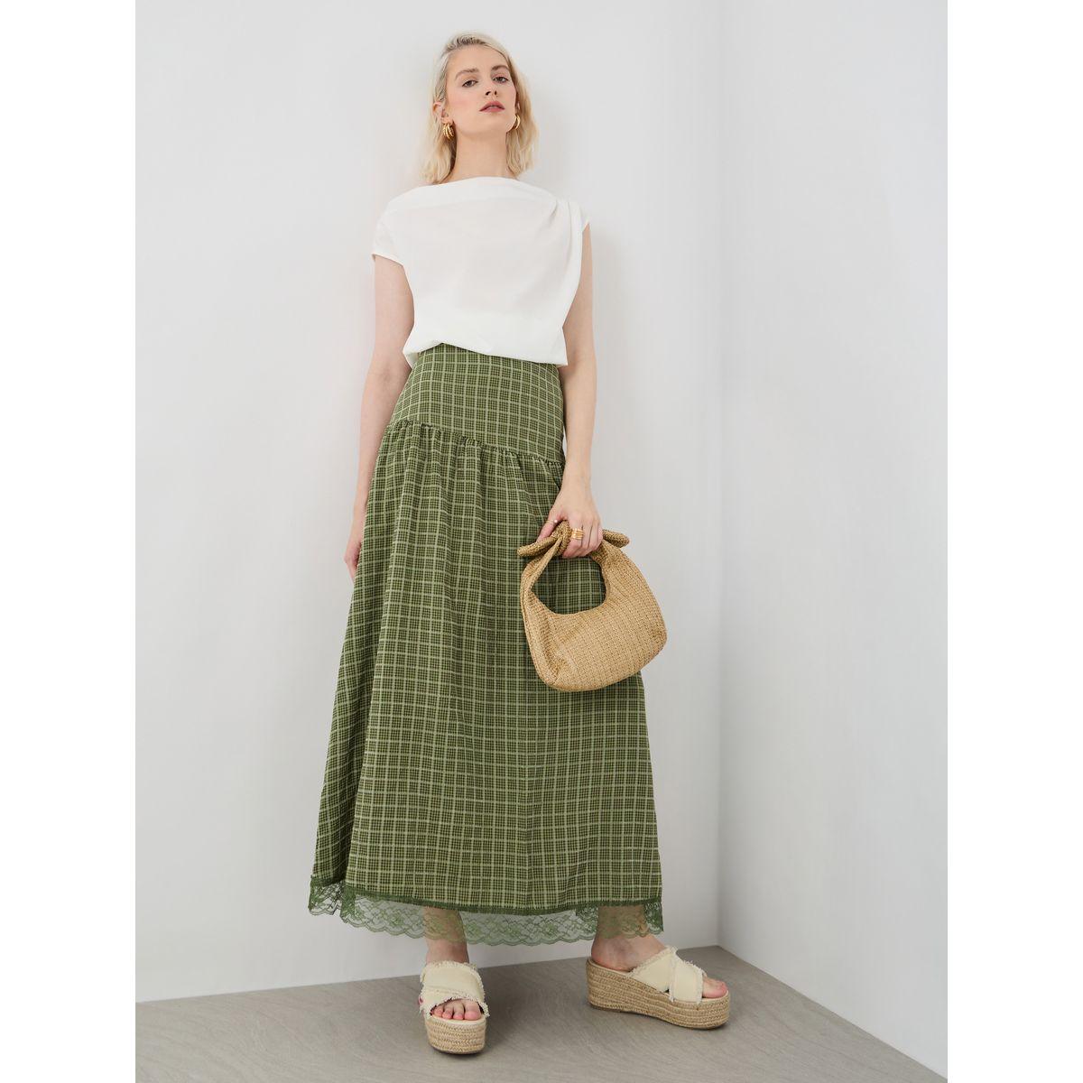Styli Checked Lace Hem A-Line Maxi Skirt-women-clothing-bottoms-skirts-image-1