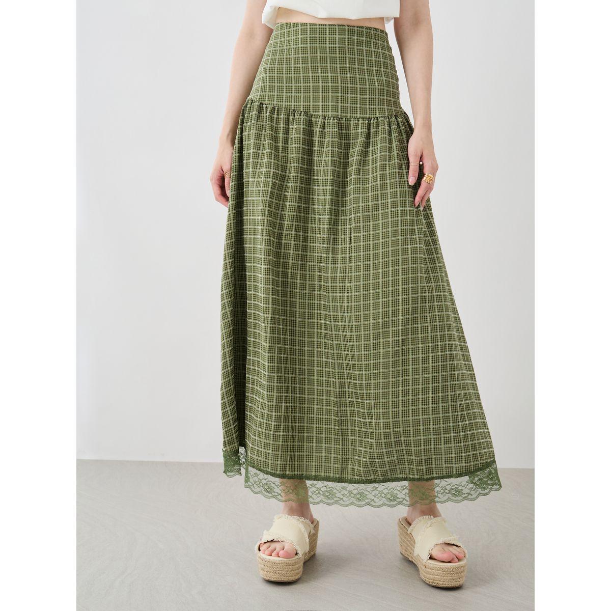 Styli Checked Lace Hem A-Line Maxi Skirt-women-clothing-bottoms-skirts-image-2