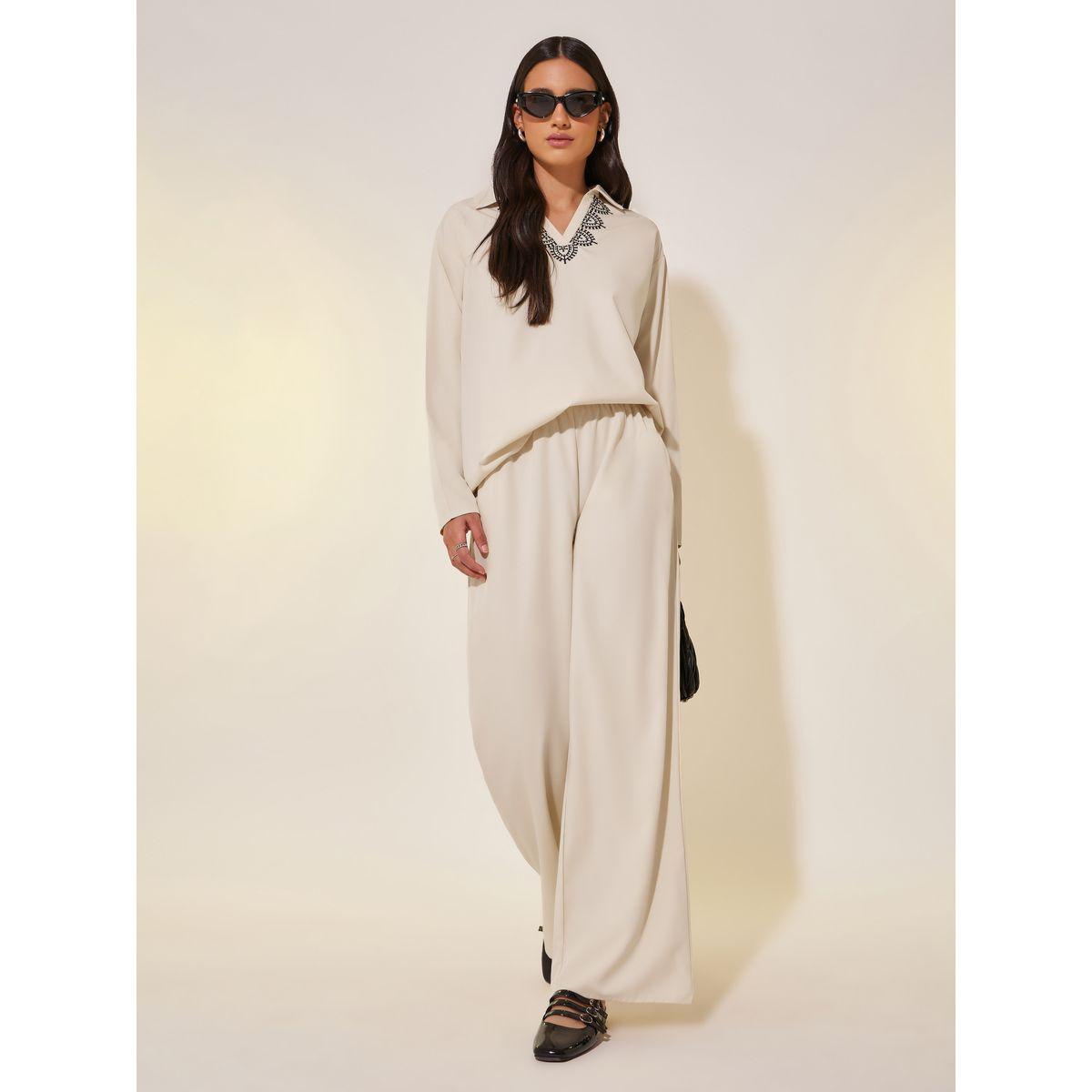 Styli Embroidered Detail Collared Top and Pants Co-Ords-women-clothing-coordsets-image-1