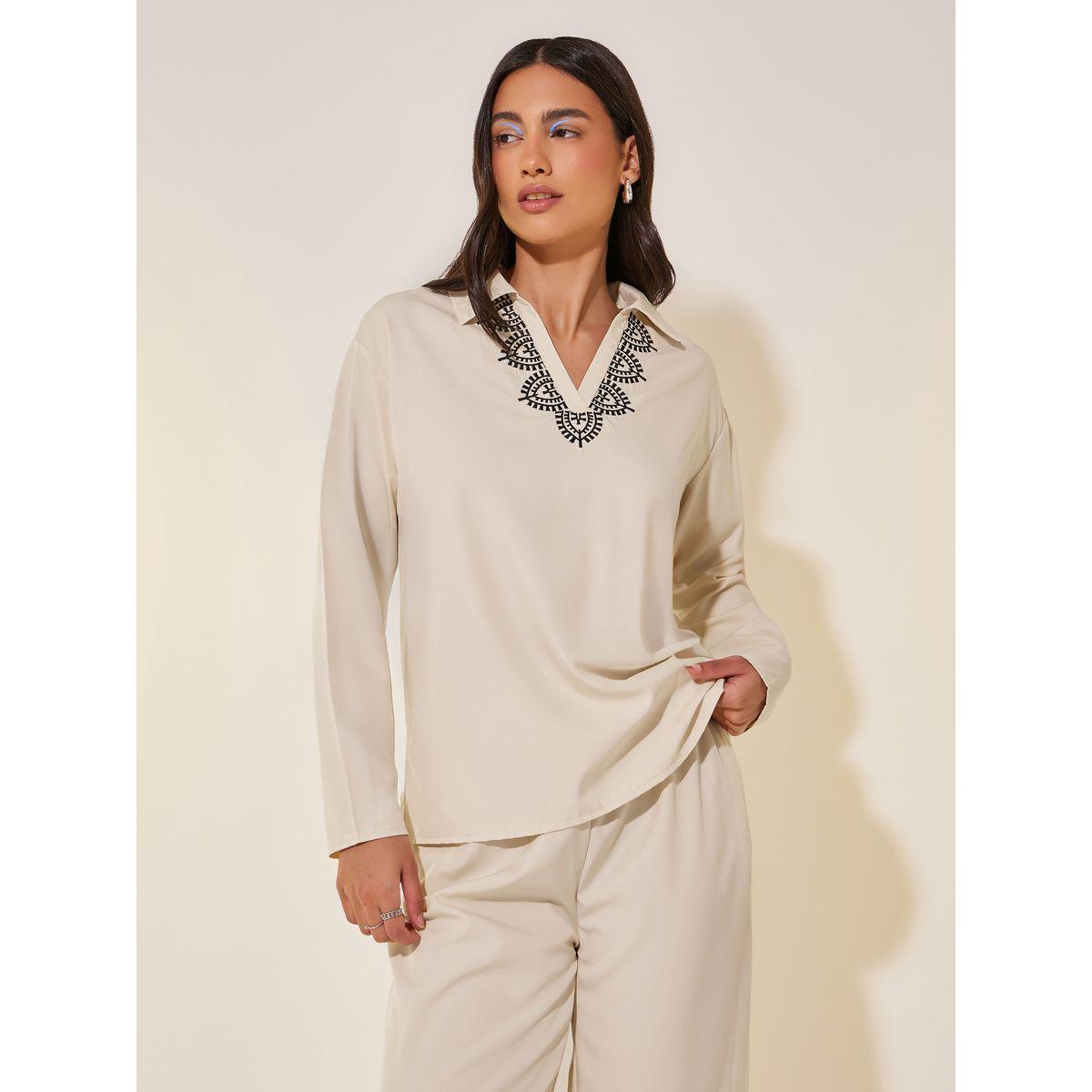 Styli Embroidered Detail Collared Top and Pants Co-Ords-women-clothing-coordsets-image-2