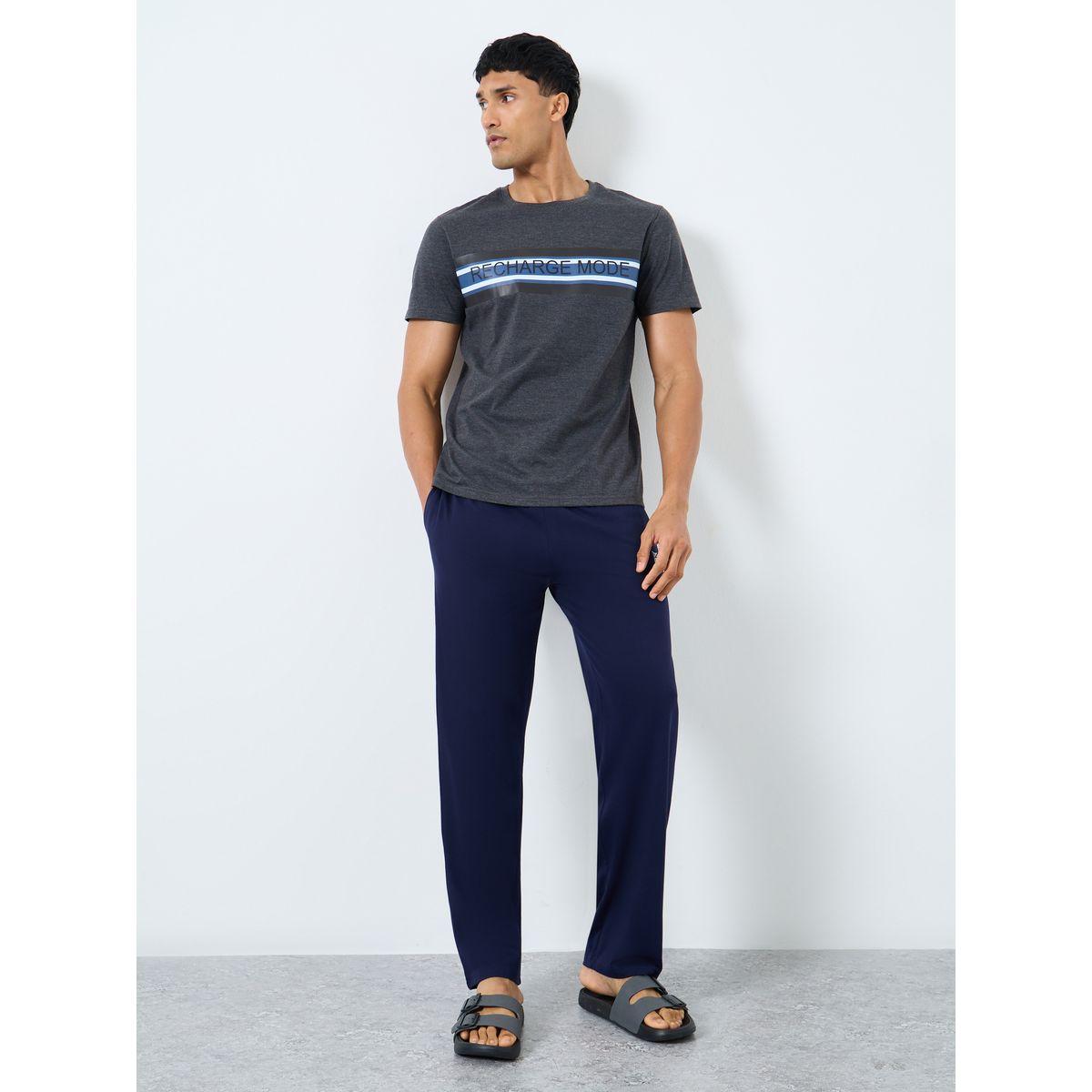 Styli Men Striped Slogan Print T-Shirt and Pyjama Set-men-clothing-nightwear-sets-image-1
