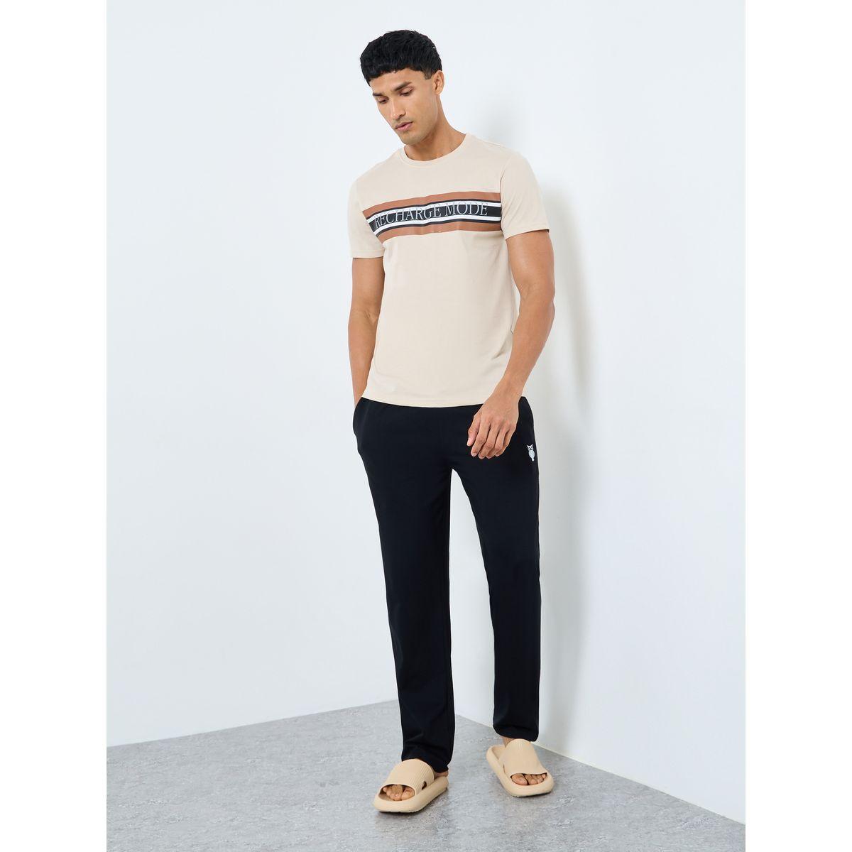 Styli Men Striped Slogan Print T-Shirt and Pyjama Set-men-clothing-nightwear-sets-image-1