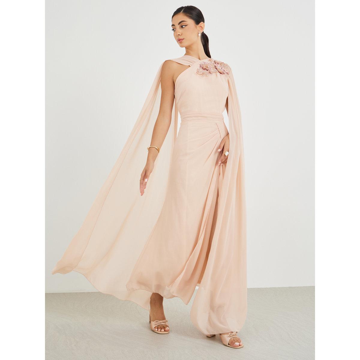Styli Embellished Halter Neck A-Line Maxi Dress with Cape Overlay-women-clothing-dresses-image-2