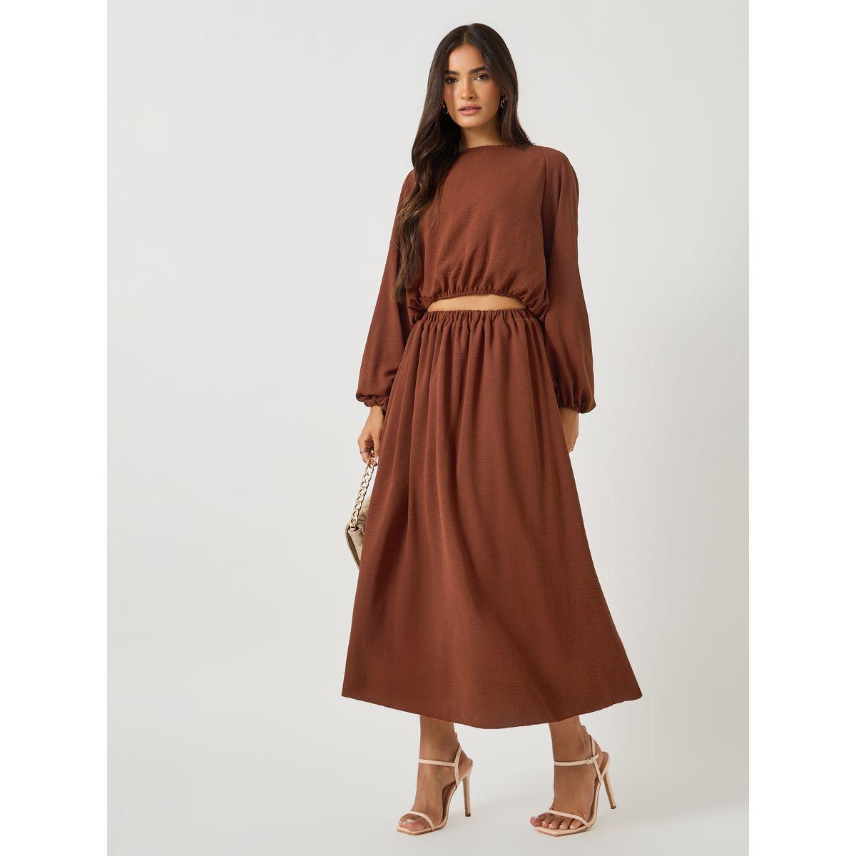 Styli Solid Round Neck Crop Top and Maxi Skirt Co-Ords-women-clothing-coordsets-image-1
