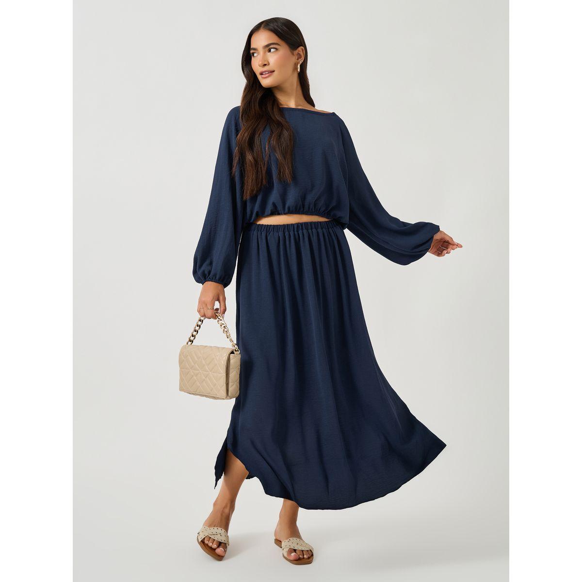 طقم منسق من تنورة طويلة مع بلوزة قصيرة سادة-women-clothing-coordsets-image-1