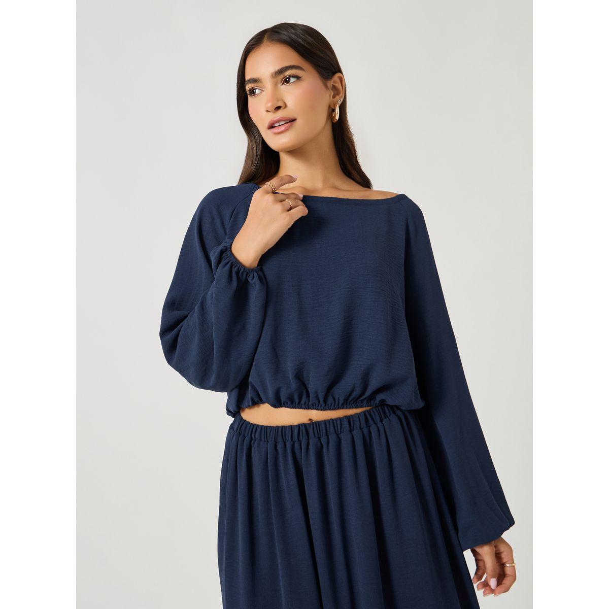 طقم منسق من تنورة طويلة مع بلوزة قصيرة سادة-women-clothing-coordsets-image-2