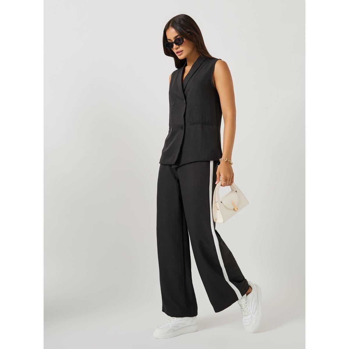 Styli Solid Shawl Collar Sleeveless Blazer and Side Stripe Straight Leg Pants Co-Ords-women-clothing-coordsets-image-1