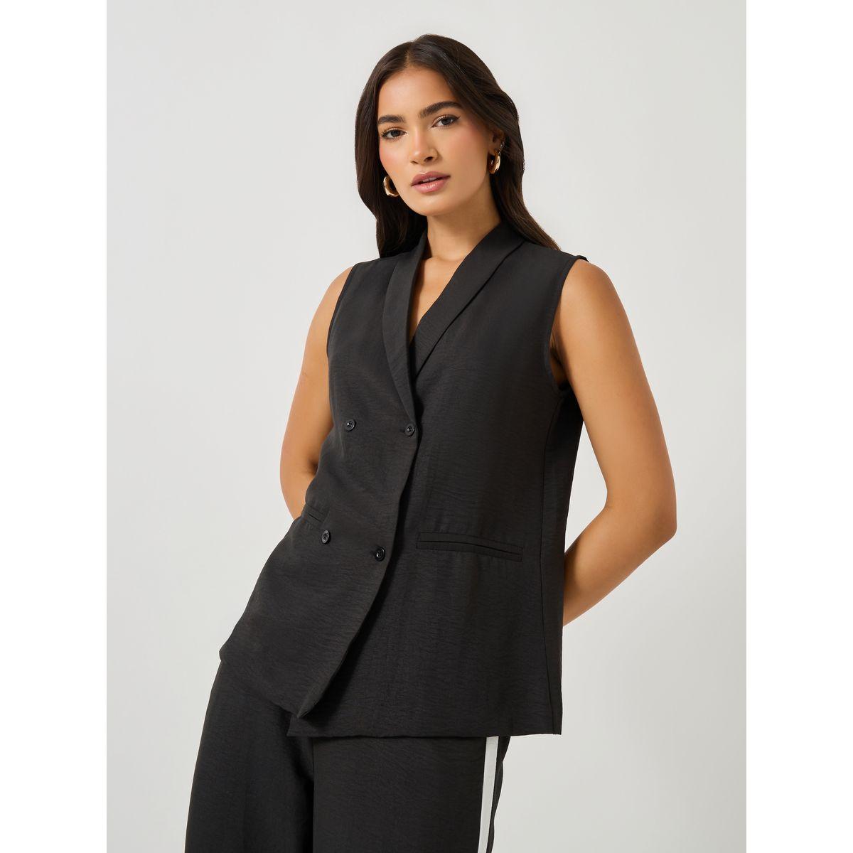 Styli Solid Shawl Collar Sleeveless Blazer and Side Stripe Straight Leg Pants Co-Ords-women-clothing-coordsets-image-2