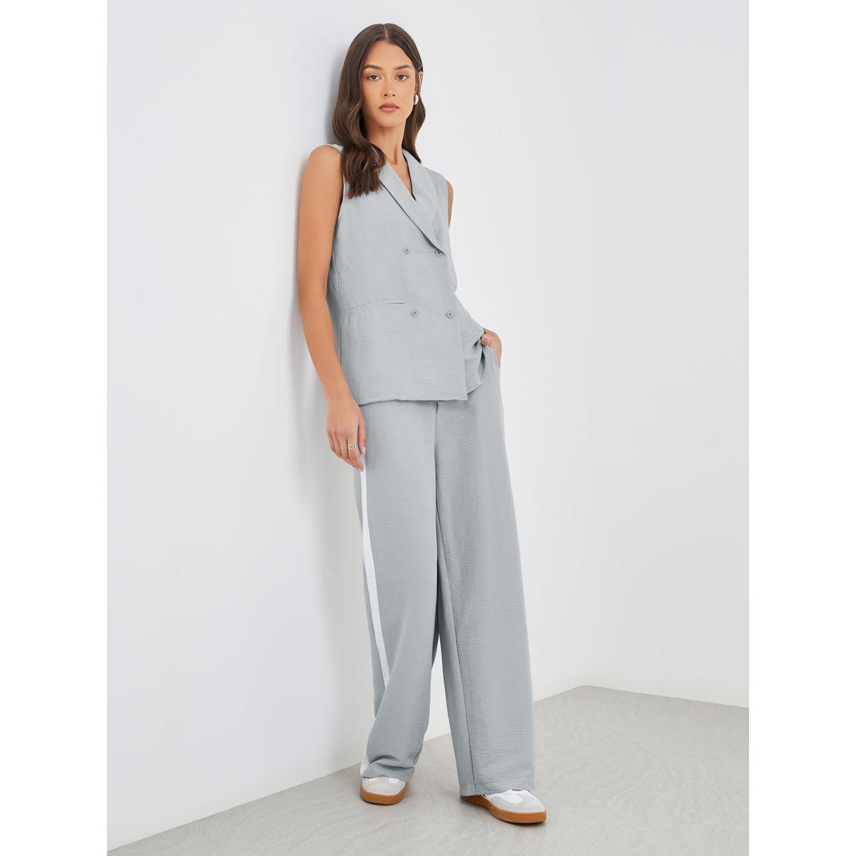 Styli Solid Shawl Collar Sleeveless Blazer and Side Stripe Straight Leg Pants Co-Ords-women-clothing-coordsets-image-2