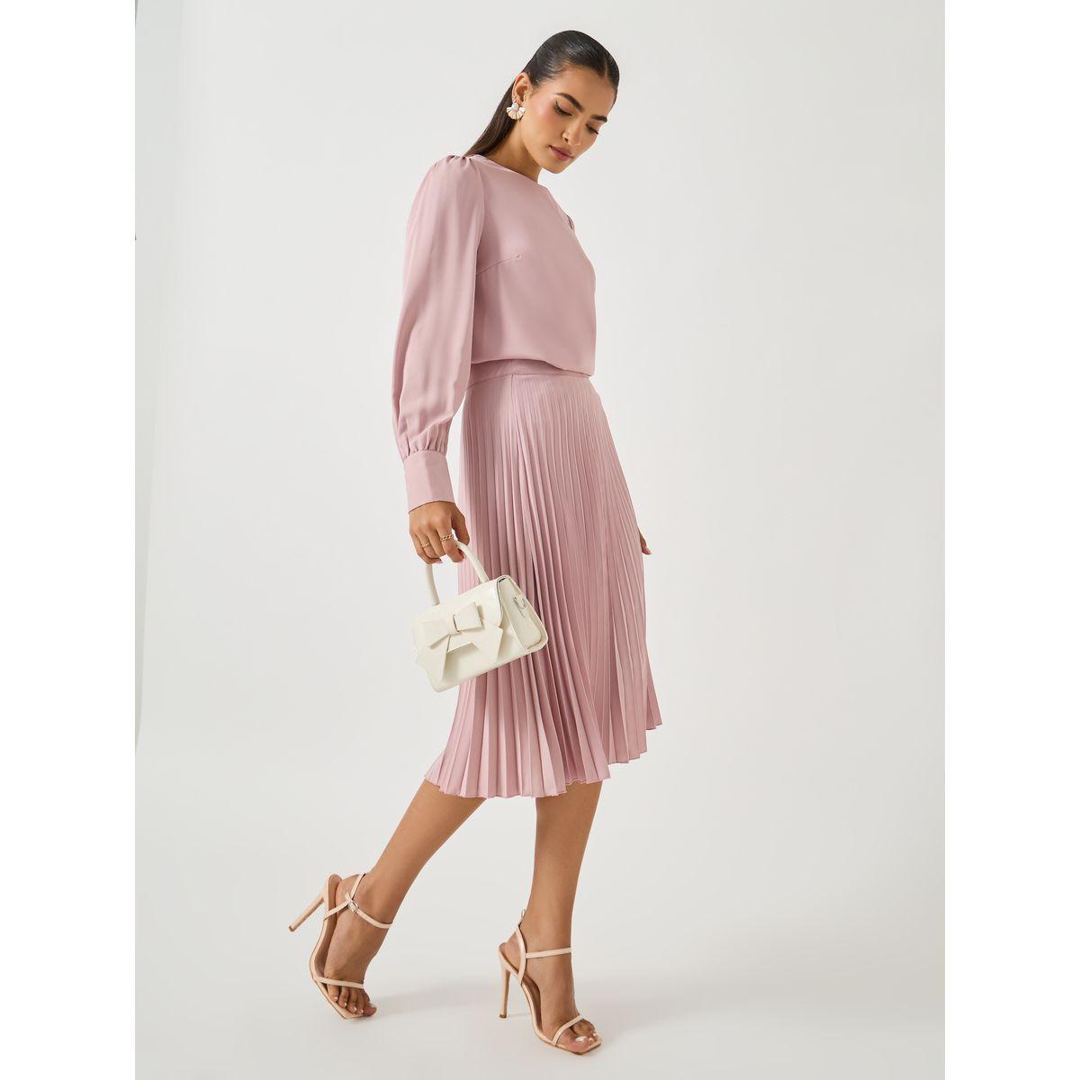 Styli Plain Volume Sleeves Top and Pleated Skirt Co-Ords-women-clothing-coordsets-image-1