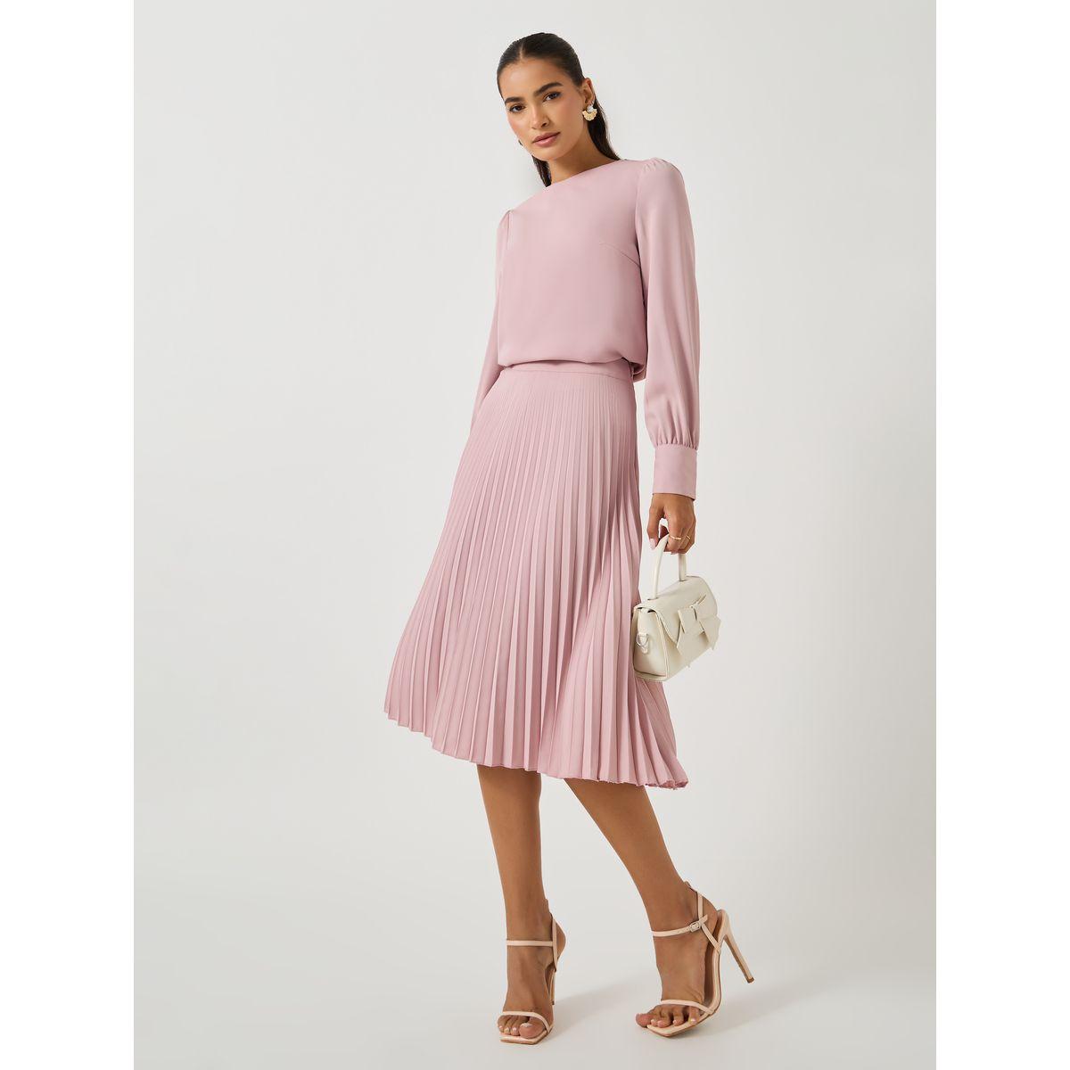 Styli Plain Volume Sleeves Top and Pleated Skirt Co-Ords-women-clothing-coordsets-image-2