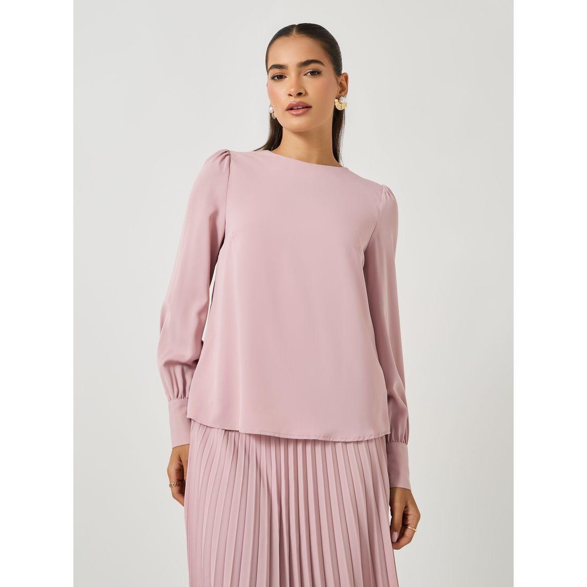 Styli Plain Volume Sleeves Top and Pleated Skirt Co-Ords-women-clothing-coordsets-image-3