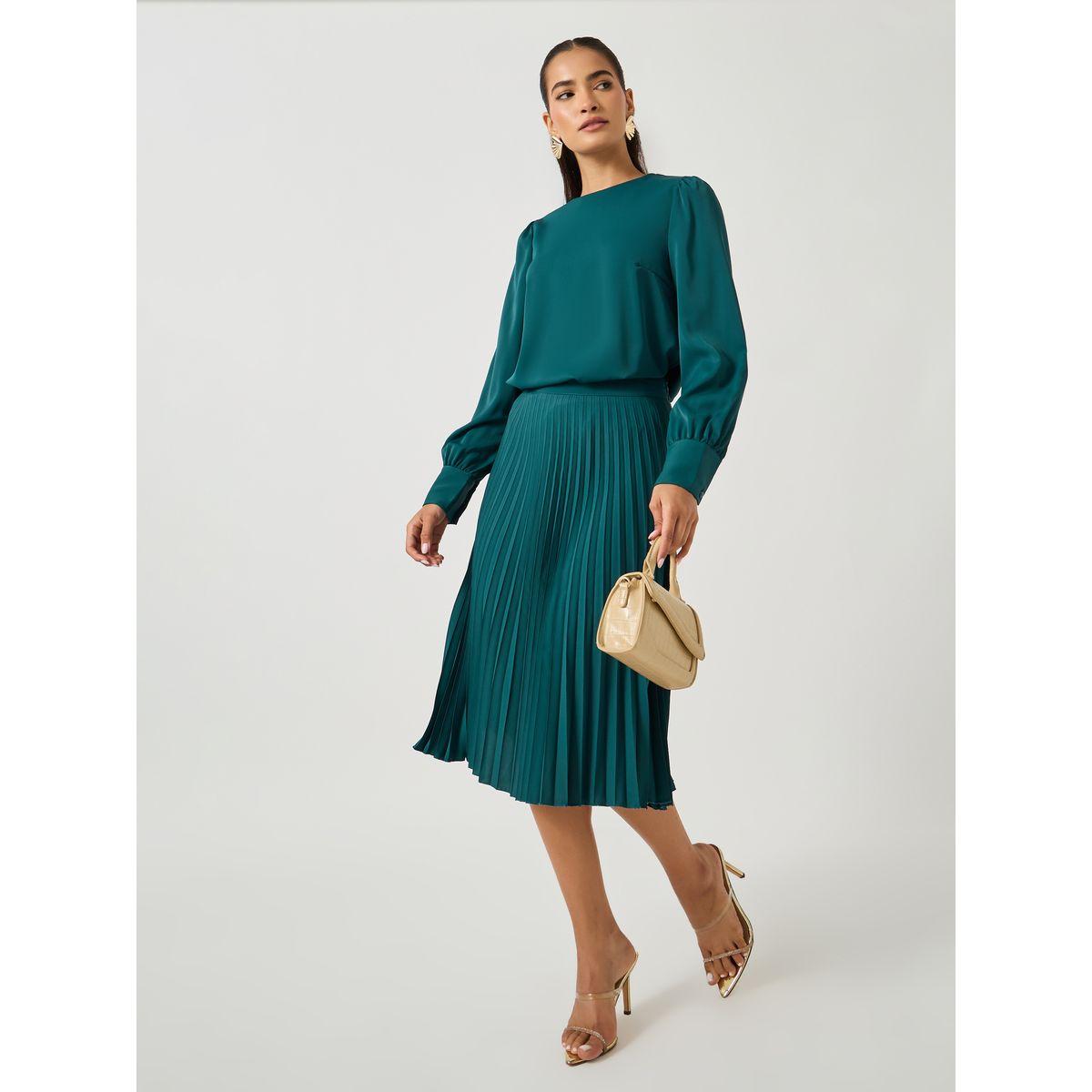 Styli Plain Volume Sleeves Top and Pleated Skirt Co-Ords-women-clothing-coordsets-image-1