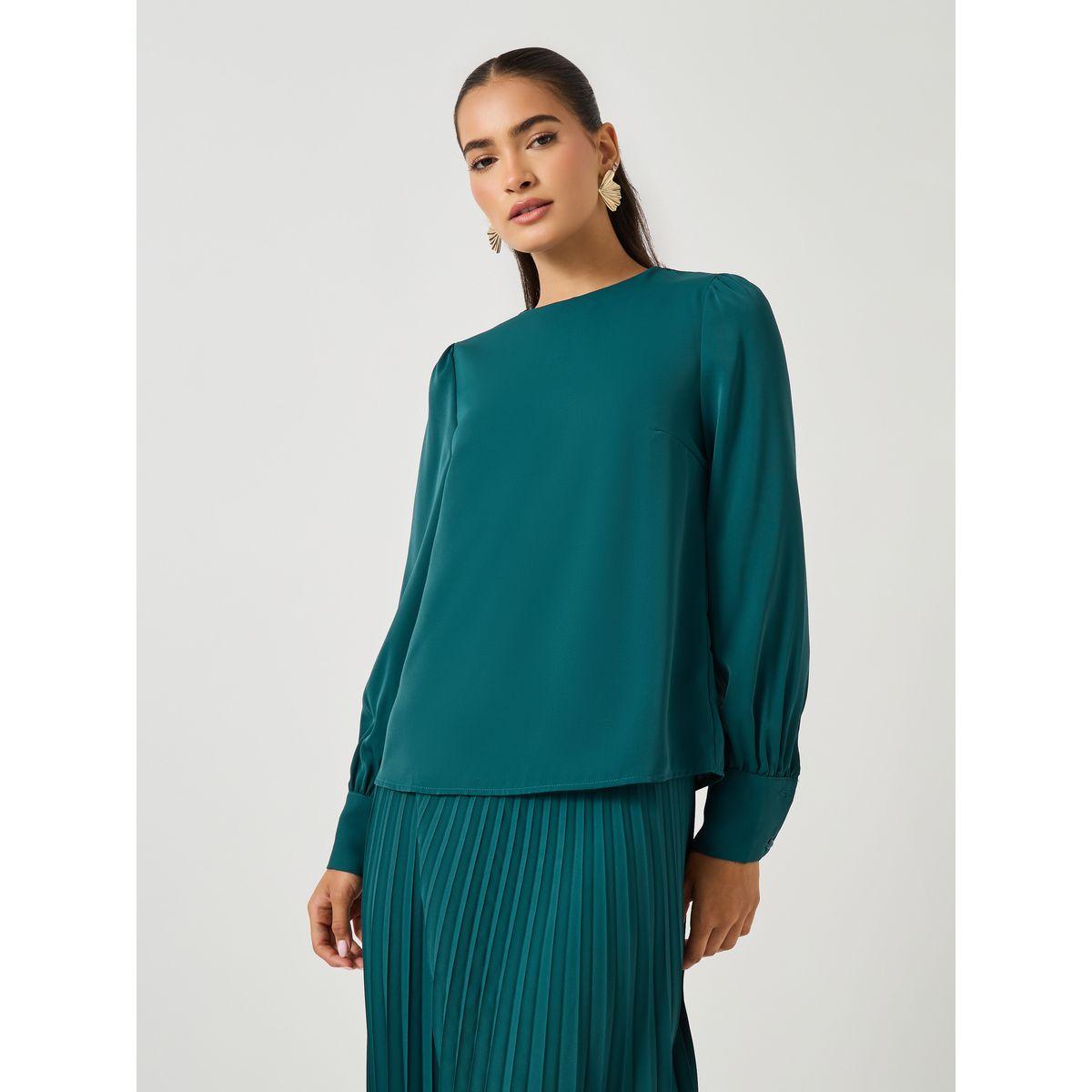 Styli Plain Volume Sleeves Top and Pleated Skirt Co-Ords-women-clothing-coordsets-image-2
