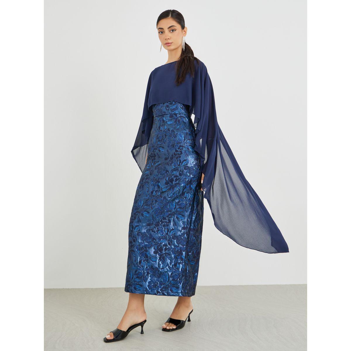 Styli  Jacquard Chiffon Cape Sleeve Cape Maxi Dress-women-clothing-dresses-image-1