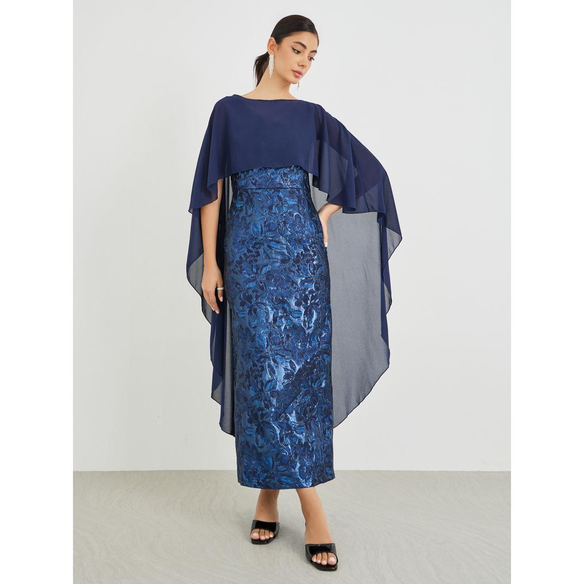 Styli  Jacquard Chiffon Cape Sleeve Cape Maxi Dress-women-clothing-dresses-image-2