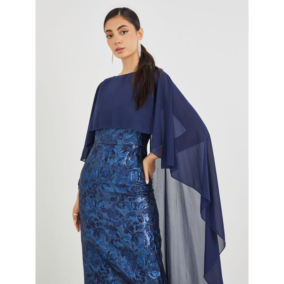 Styli  Jacquard Chiffon Cape Sleeve Cape Maxi Dress-women-clothing-dresses-image-3