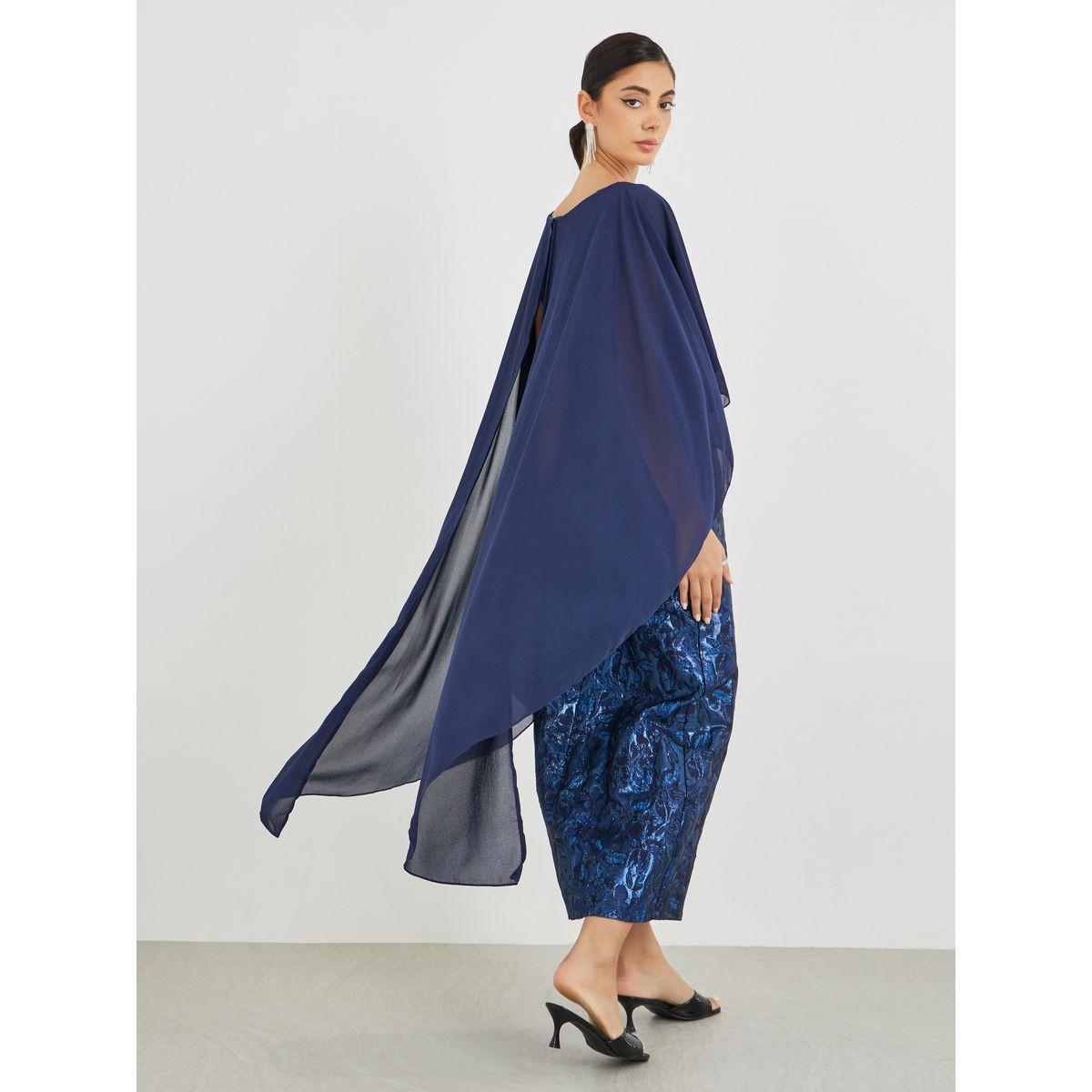 Styli  Jacquard Chiffon Cape Sleeve Cape Maxi Dress-women-clothing-dresses-image-5