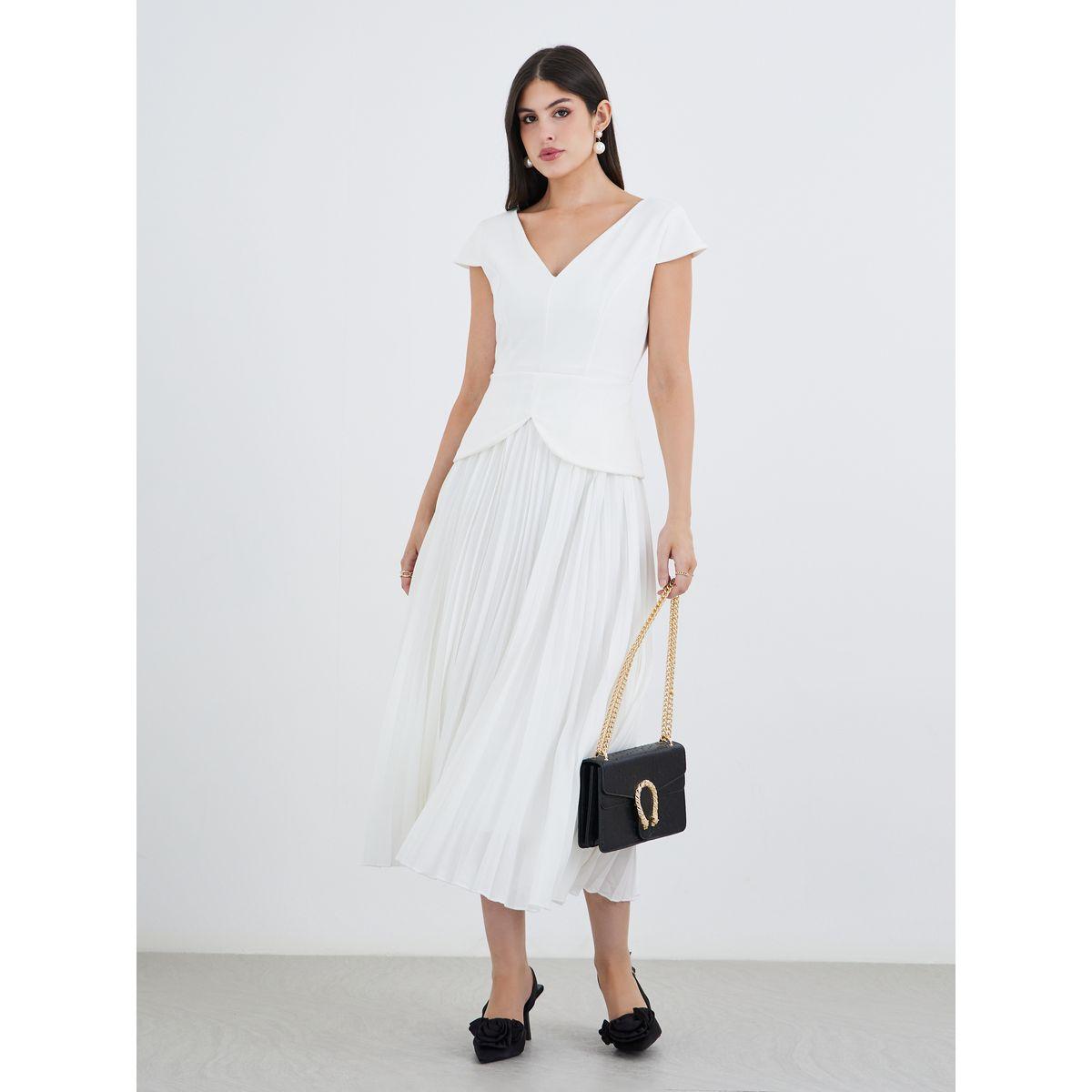 فستان ميدي سادة بأكمام قصيرة وكسرات-women-clothing-dresses-image-1