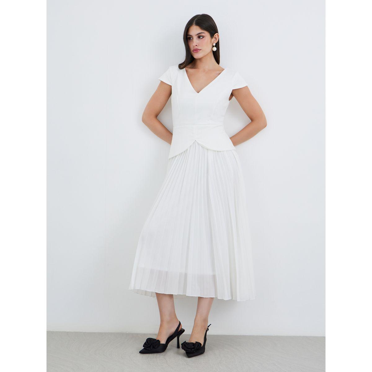 فستان ميدي سادة بأكمام قصيرة وكسرات-women-clothing-dresses-image-2