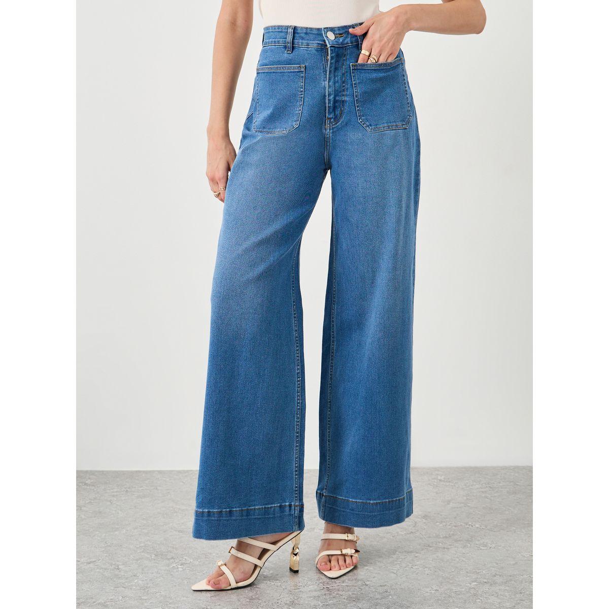 جينز بأرجل واسعة وخصر متوسط مع جيب مرقع-women-clothing-bottoms-jeans-image-2