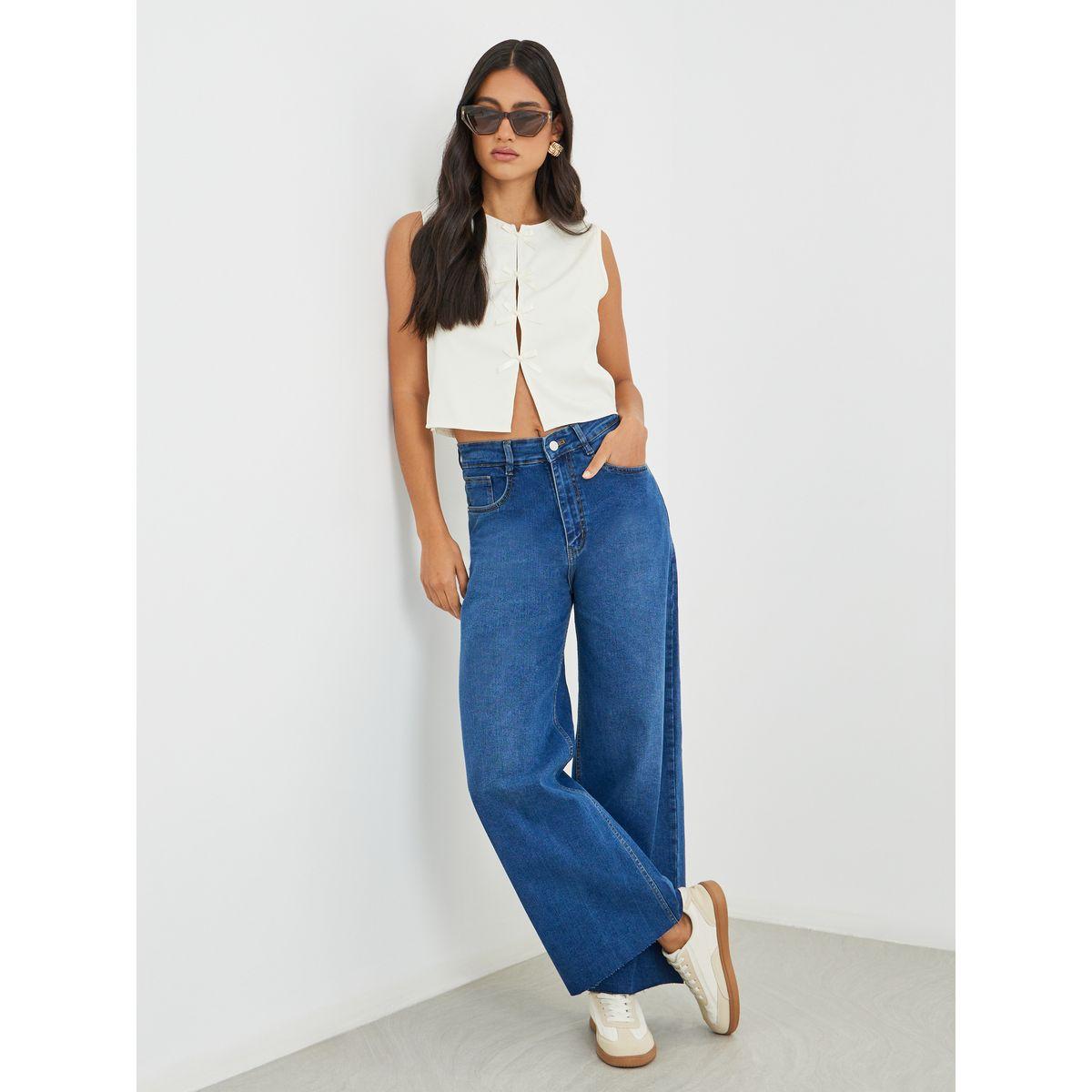 جينز واسع بخصر عالي وحافة خام-women-clothing-bottoms-jeans-image-1