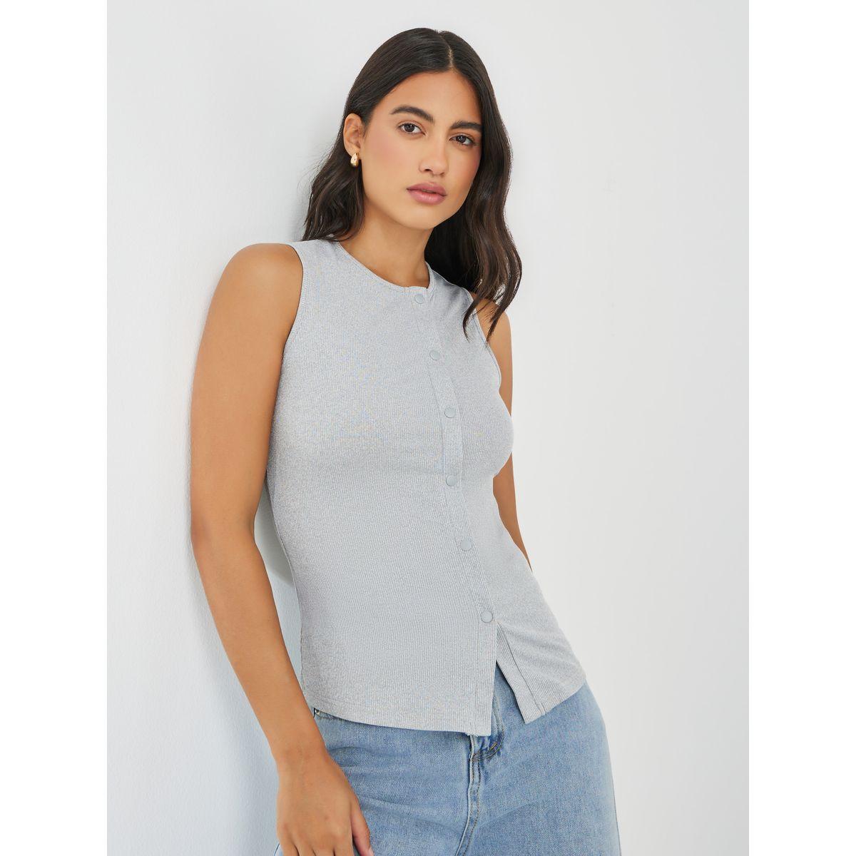 Styli Ribbed Knit Buttoned Top-women-clothing-tshirts-image-1
