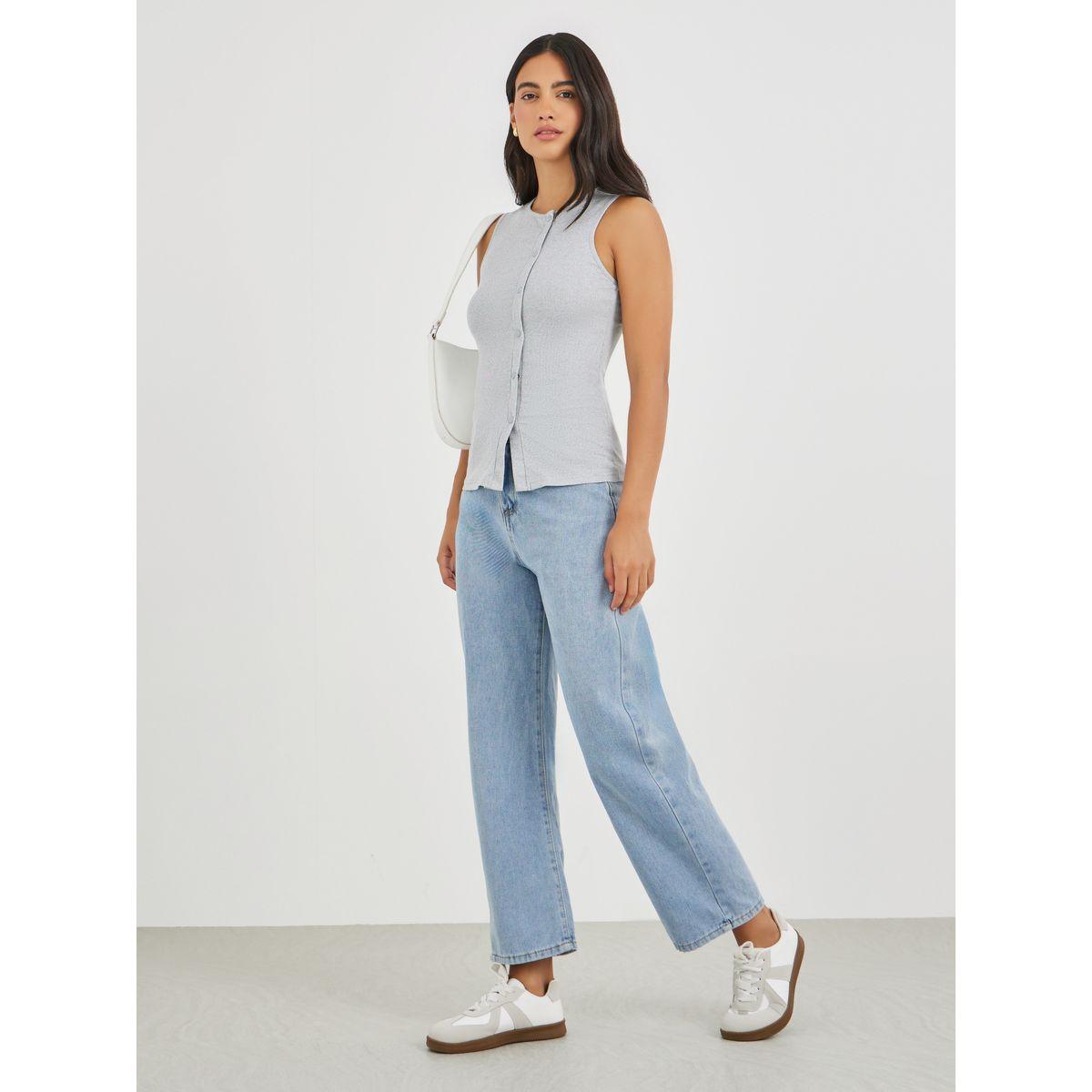 Styli Ribbed Knit Buttoned Top-women-clothing-tshirts-image-2