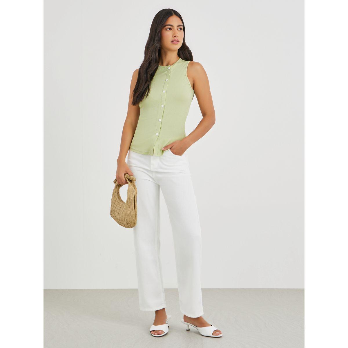 بلوزة بلا أكمام محبوكة بتفاصيل مضلعة وأزرار-women-clothing-tshirts-image-2